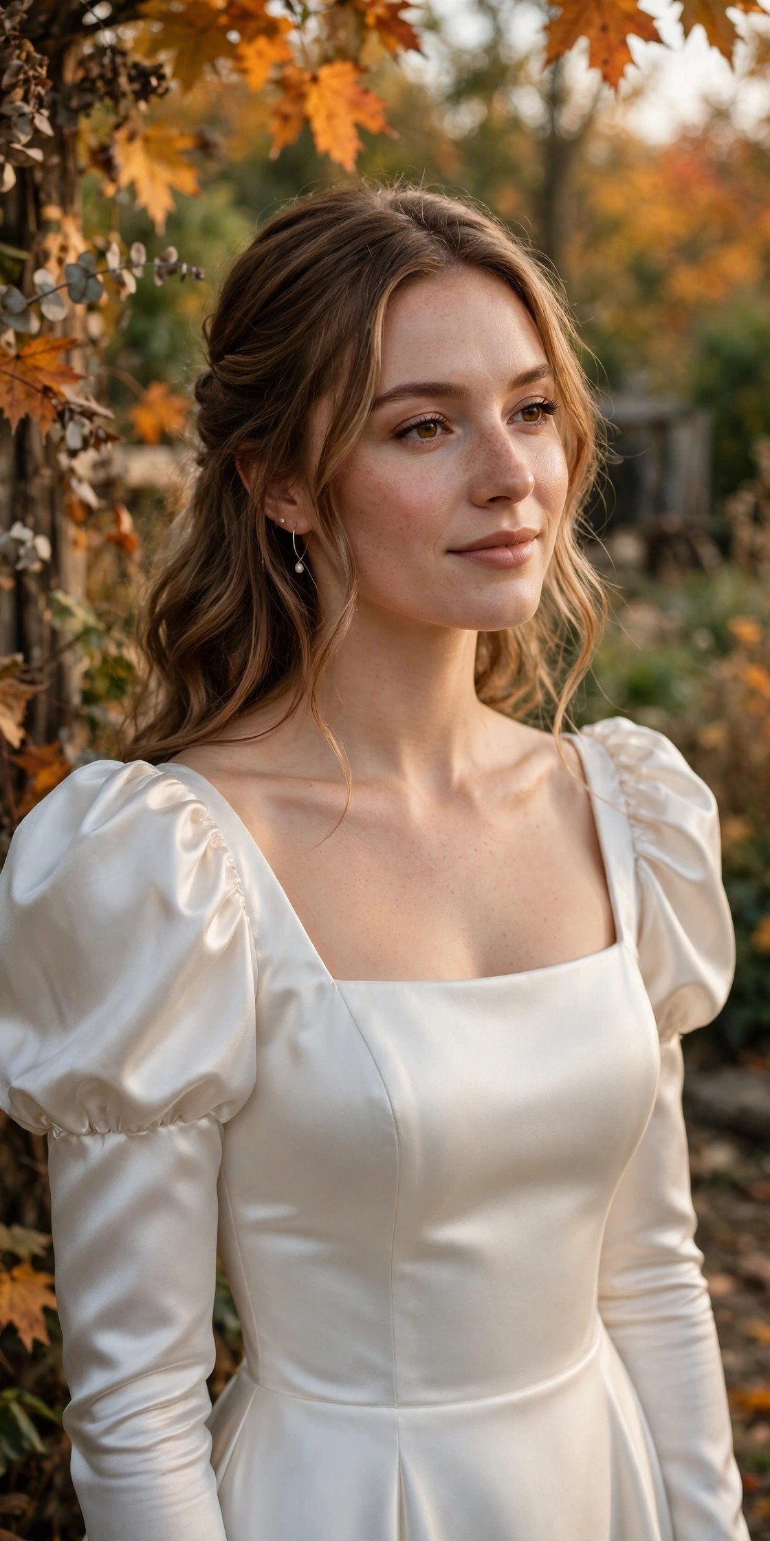 Bride in a square-neck satin wedding gown with puff sleeves