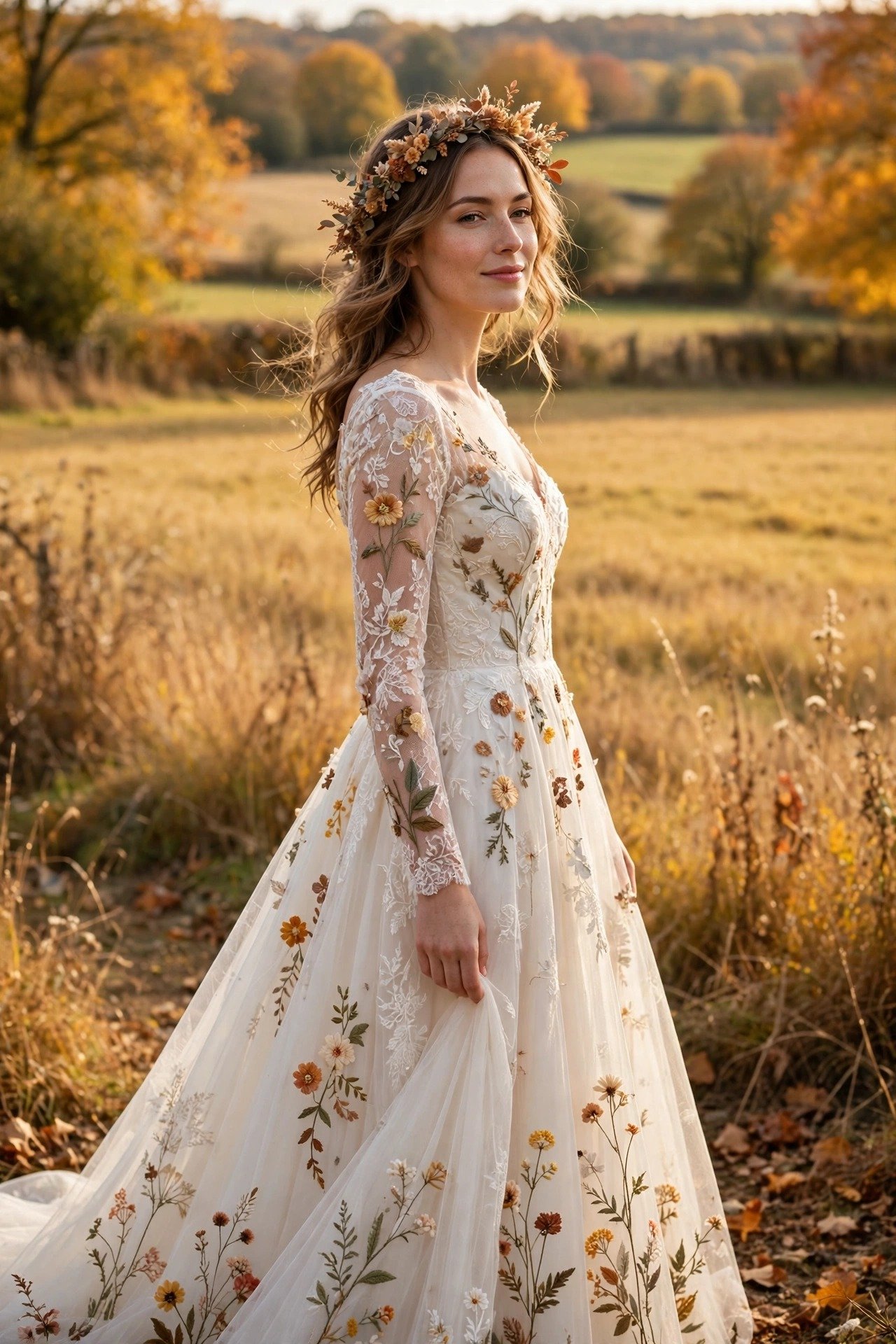Bride in a floral-embroidered wedding gown standing in golden countryside