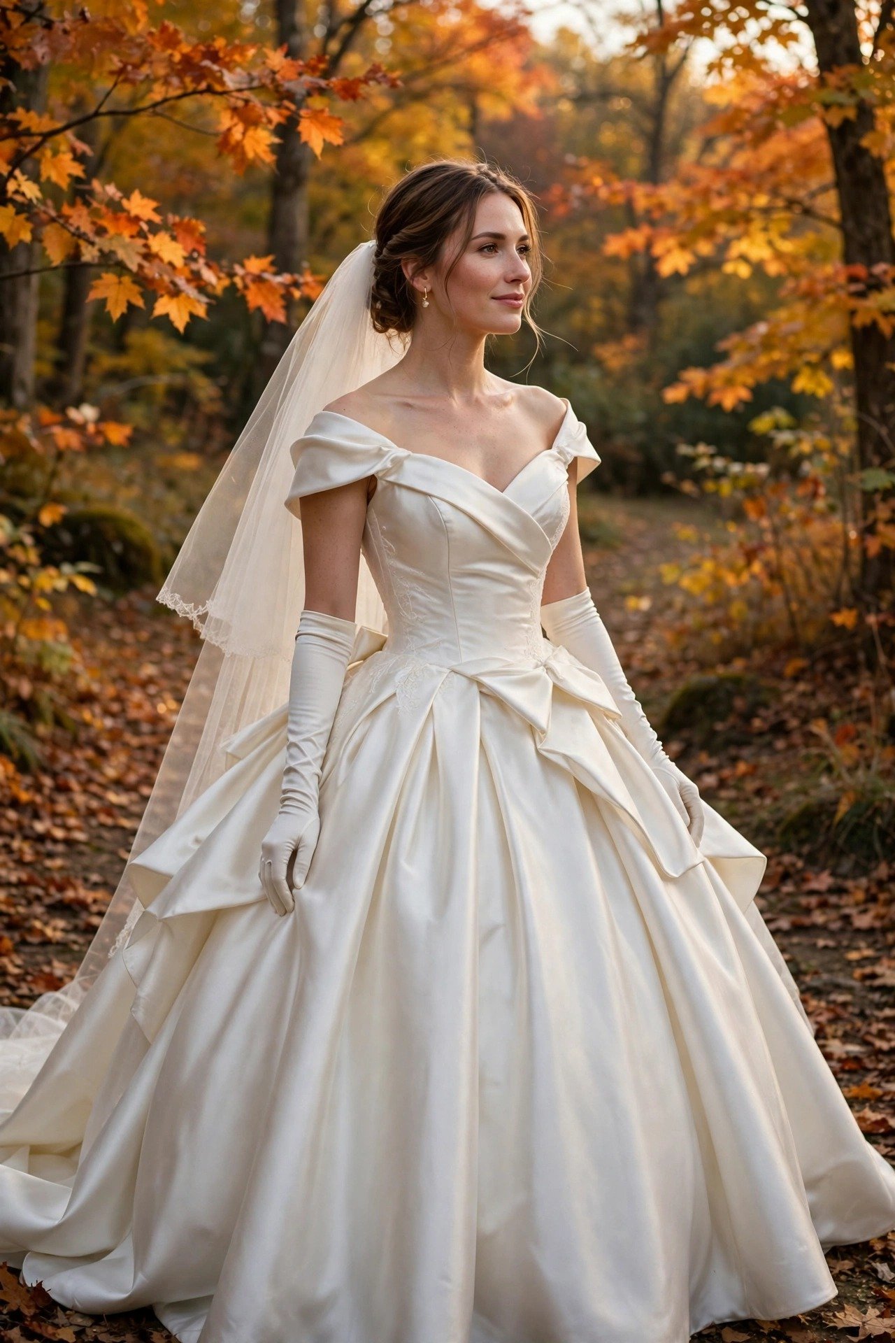 Bride in a grand satin ball gown wearing long elegant gloves