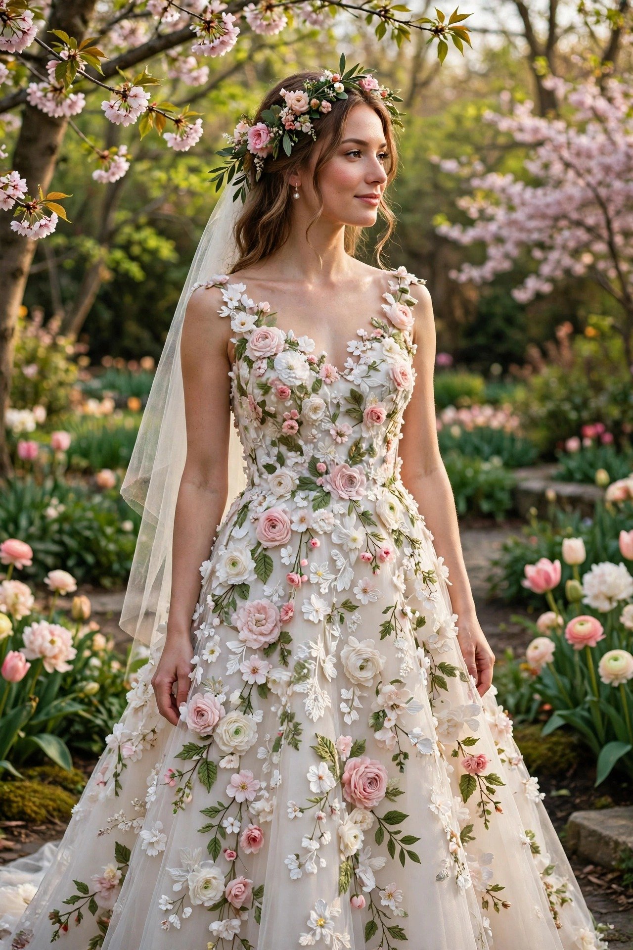 Bride in an A-line wedding dress covered in 3D floral appliqués in a spring garden