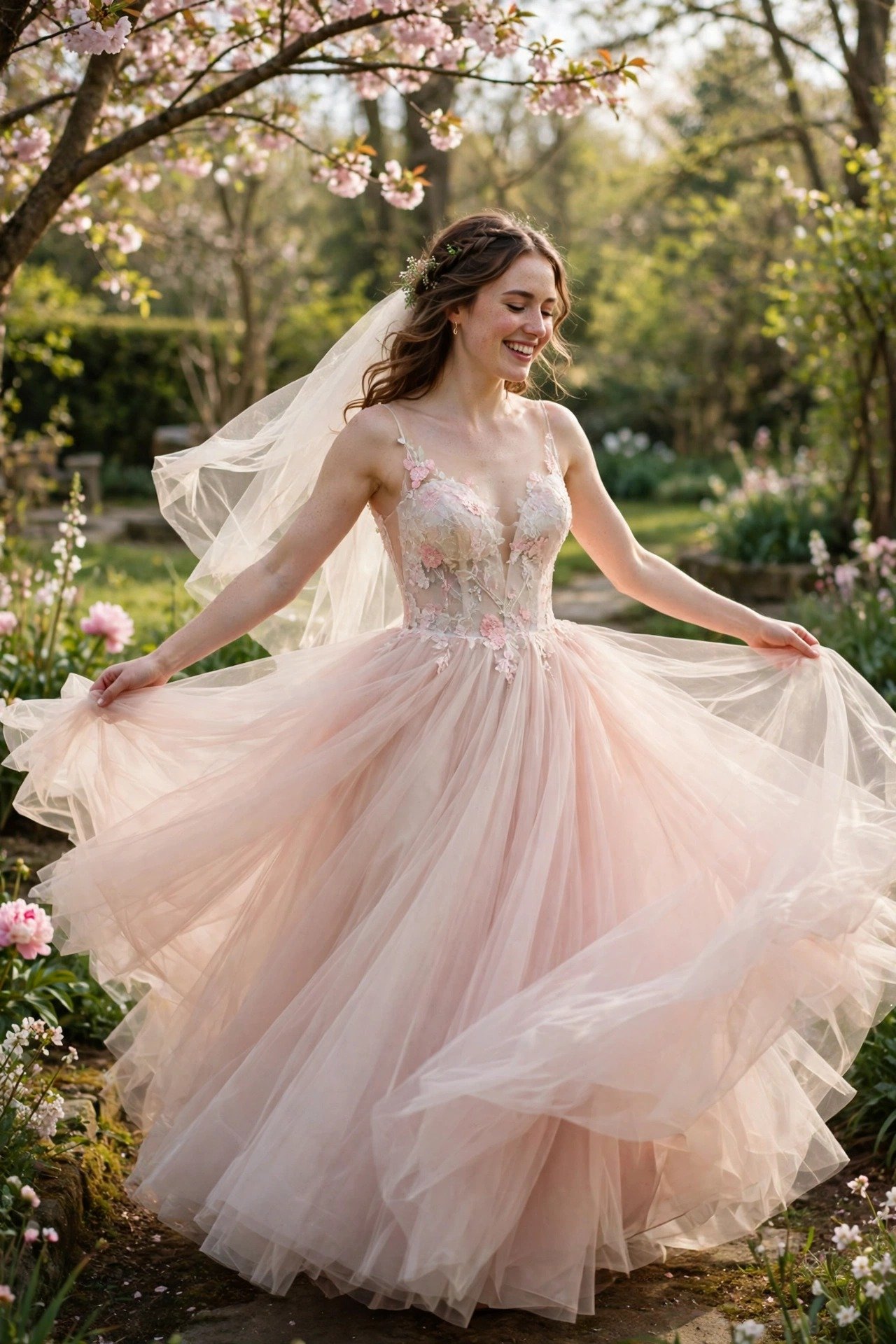 Bride in a pastel blush tulle ball gown twirling in spring light