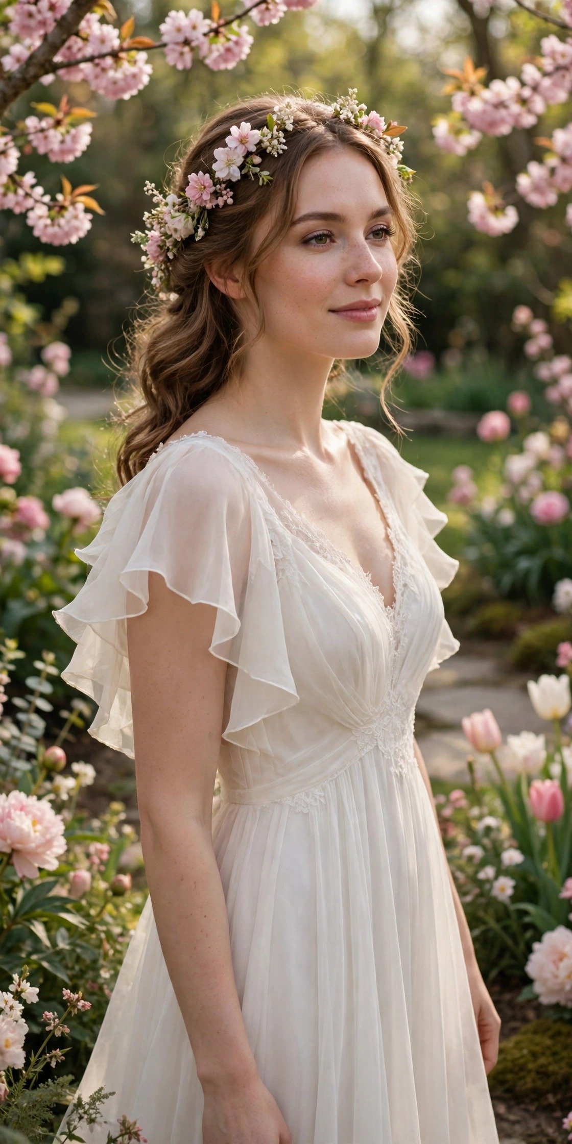 Bride in a lightweight chiffon wedding dress with flutter sleeves