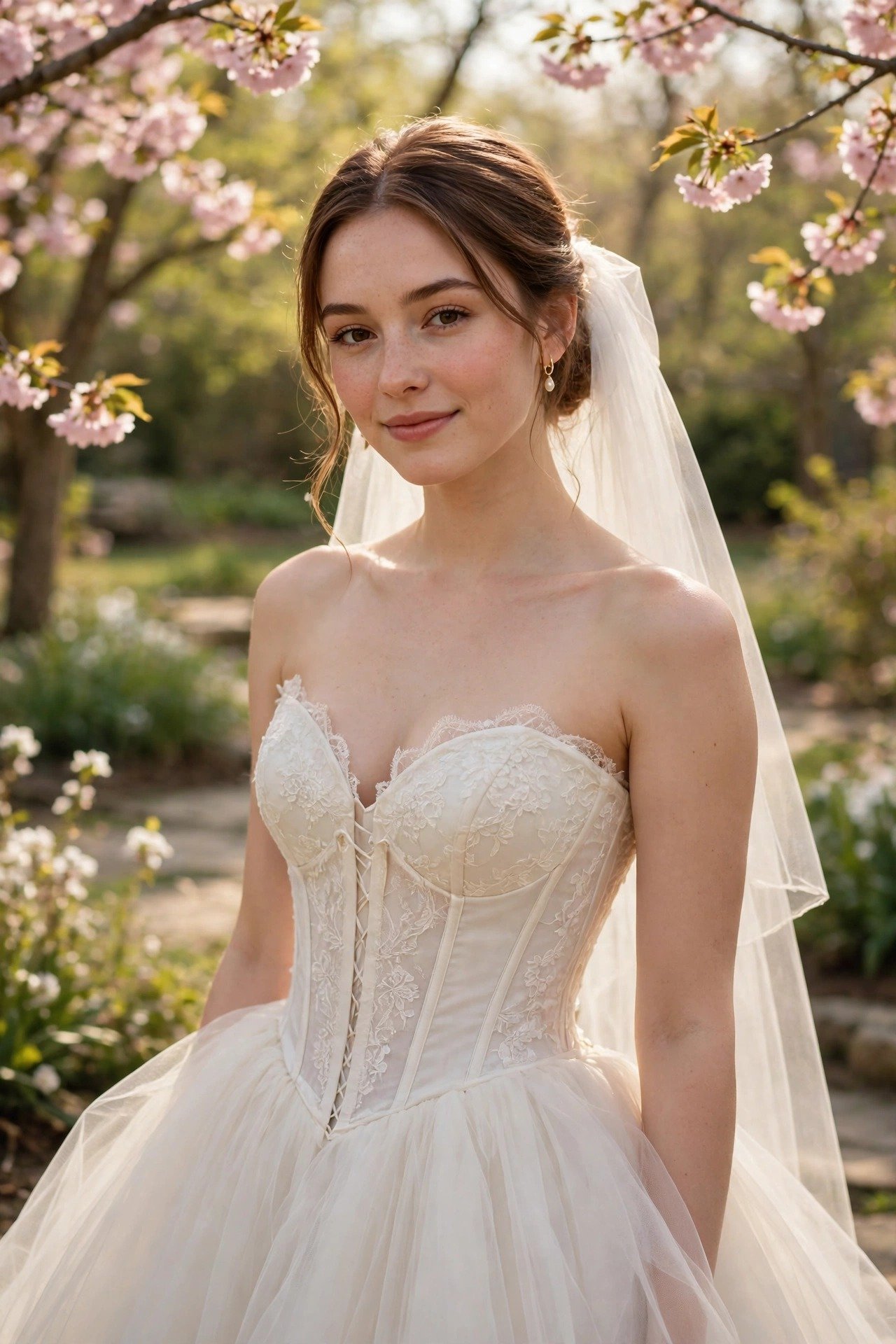 Bride in a wedding gown with a structured corset bodice and soft tulle skirt