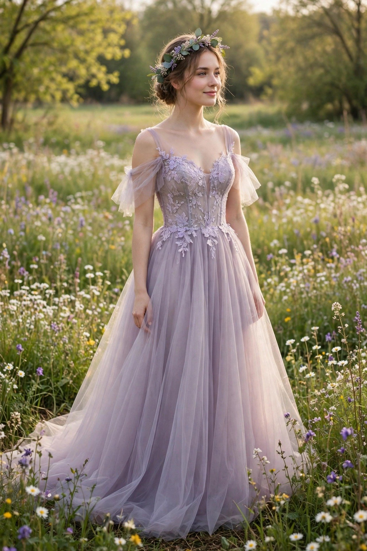 Bride in a soft lavender-tinted tulle wedding gown in a spring field