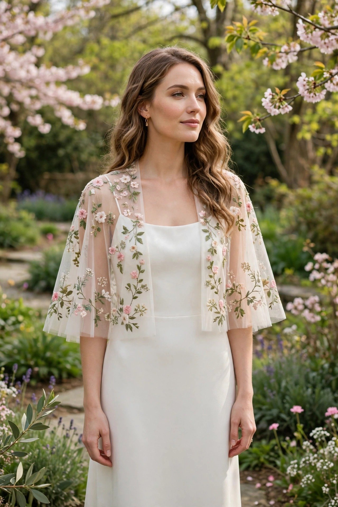 Bride in a simple column wedding dress with a floral-embroidered capelet