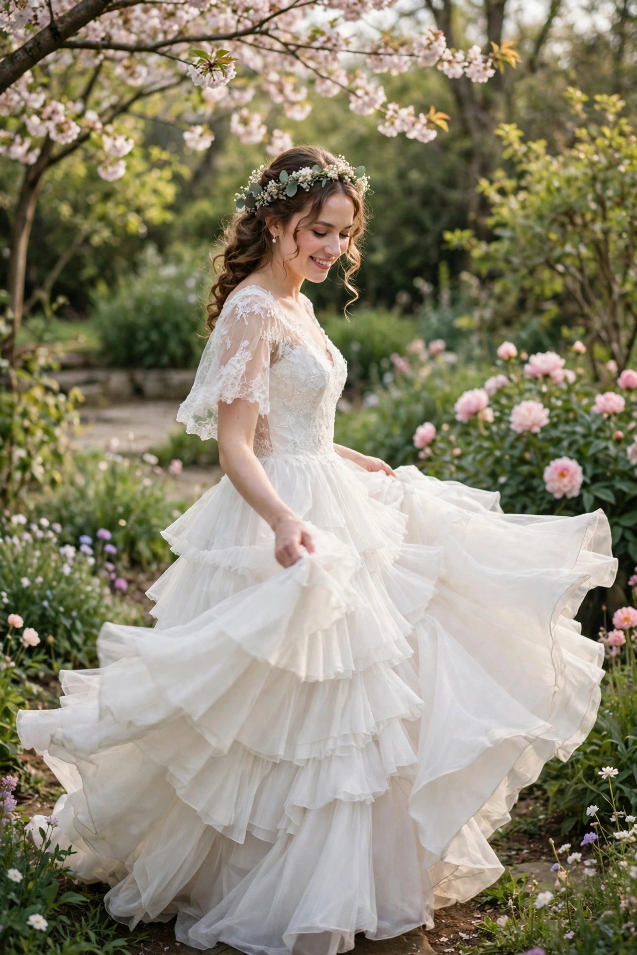 Bride in a wedding gown with a tiered ruffle skirt in motion
