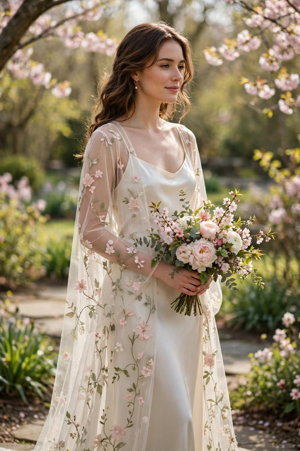 Bride in a satin slip dress layered with a sheer floral overlay gown
