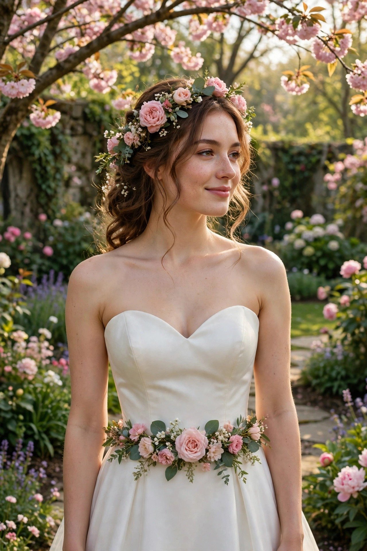 Bride in a strapless sweetheart wedding gown with a floral belt