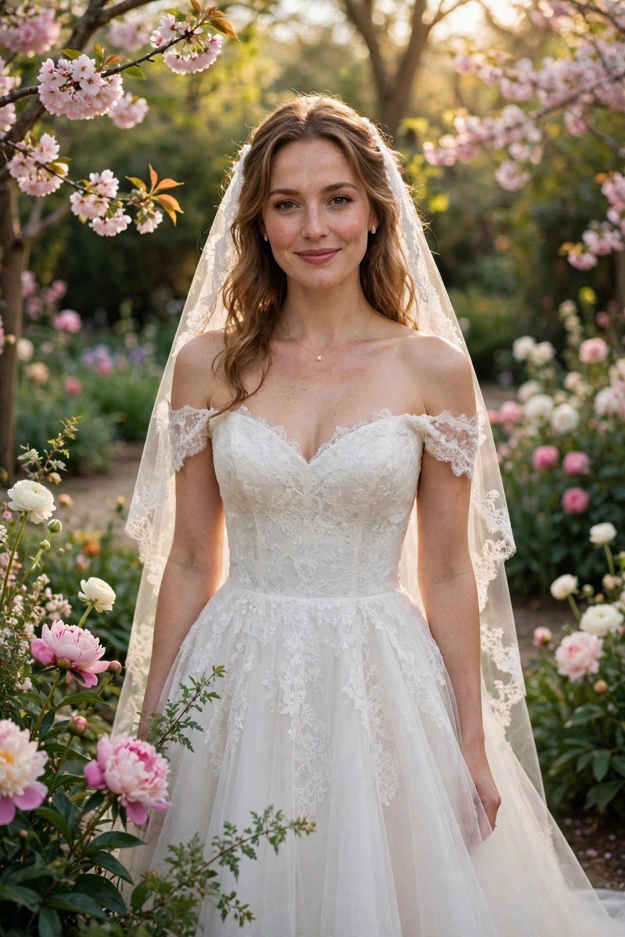Bride in a Bardot off-the-shoulder A-line wedding dress