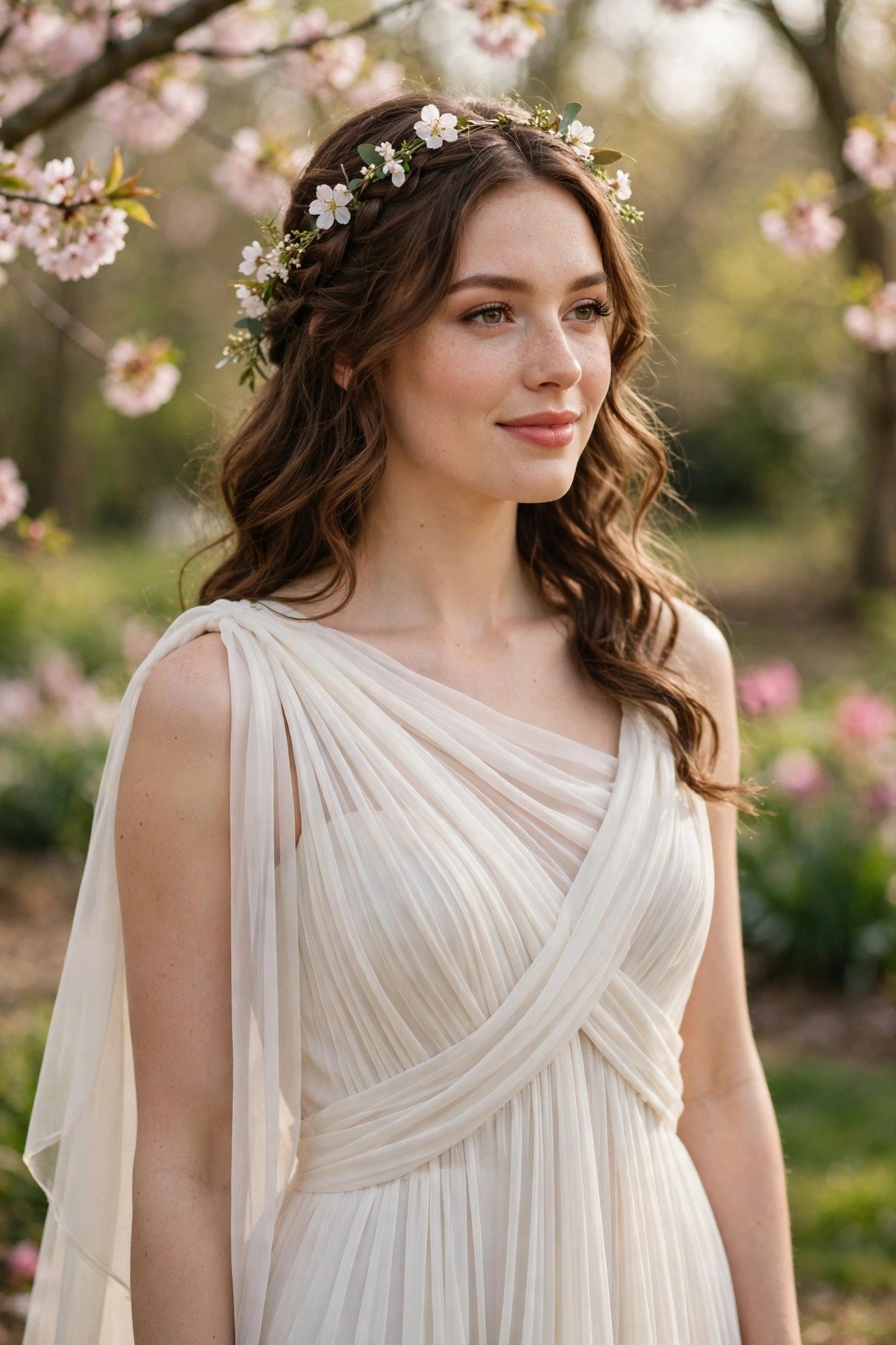 Bride in a pleated chiffon Grecian-style wedding gown