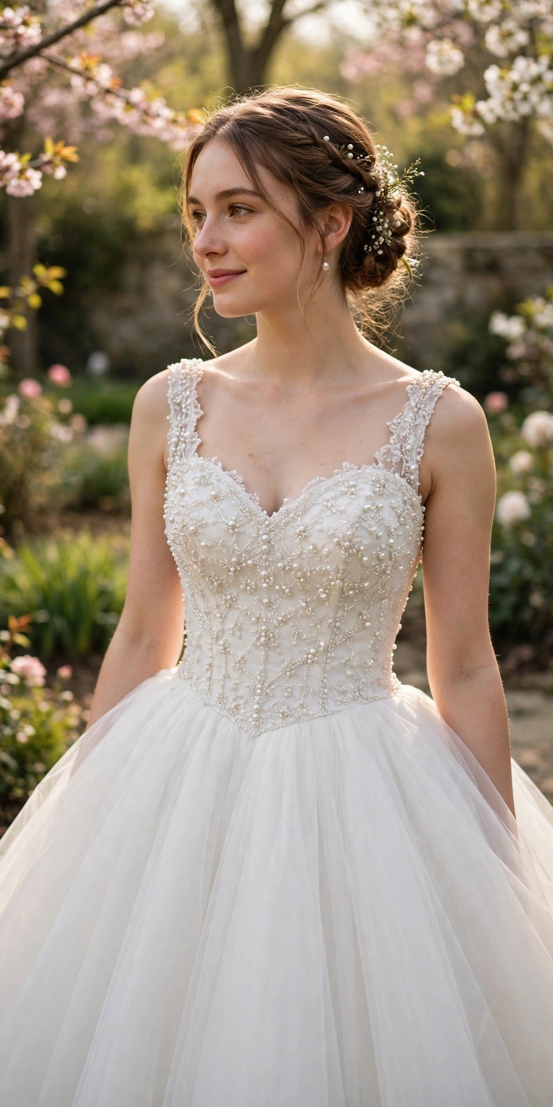 Bride in a ball gown with a pearl-beaded bodice and plain tulle skirt