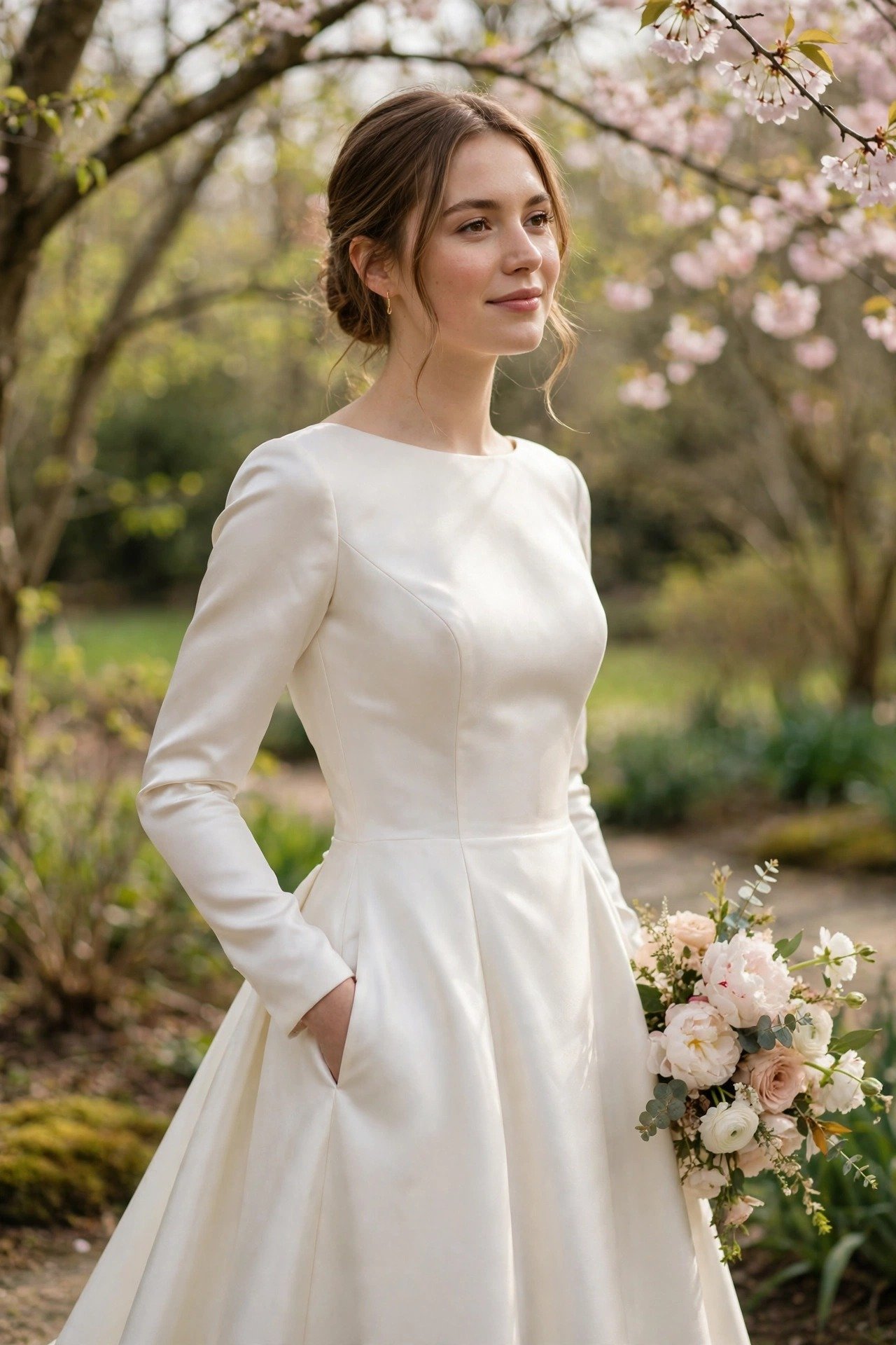 Bride in a classic silk mikado wedding gown with hidden pockets