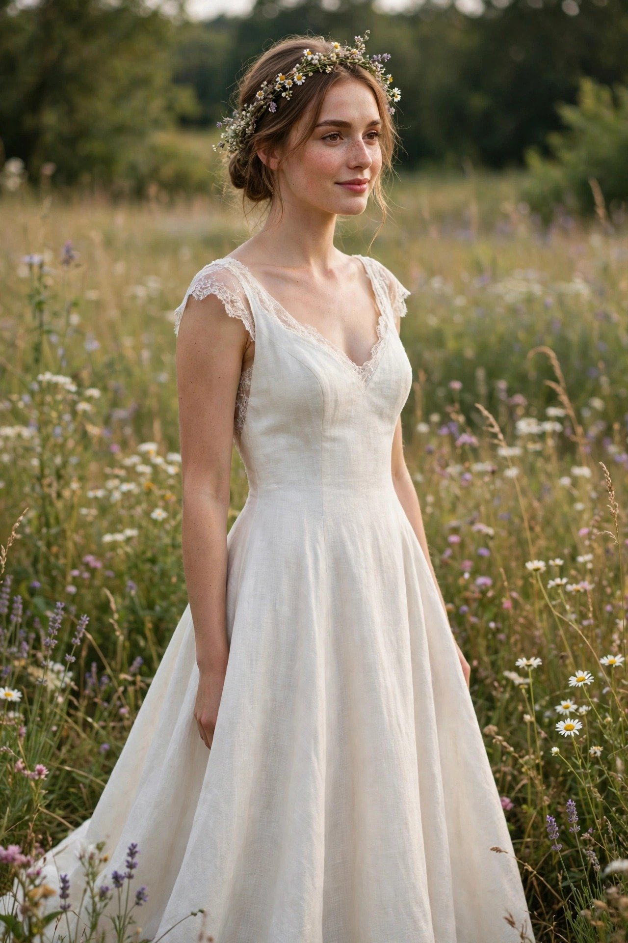 Bride in a linen-blend A-line wedding gown in a summer meadow