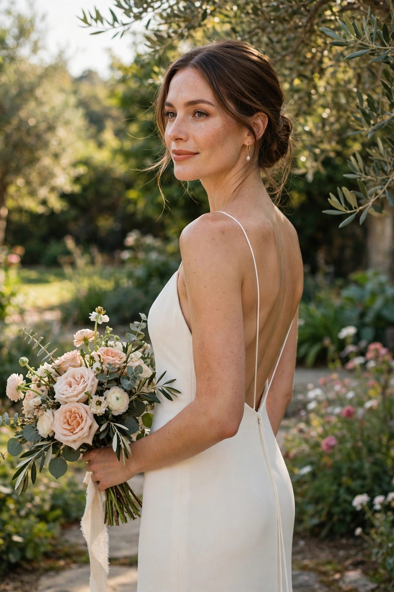 Bride in a backless crepe column wedding dress with thin straps