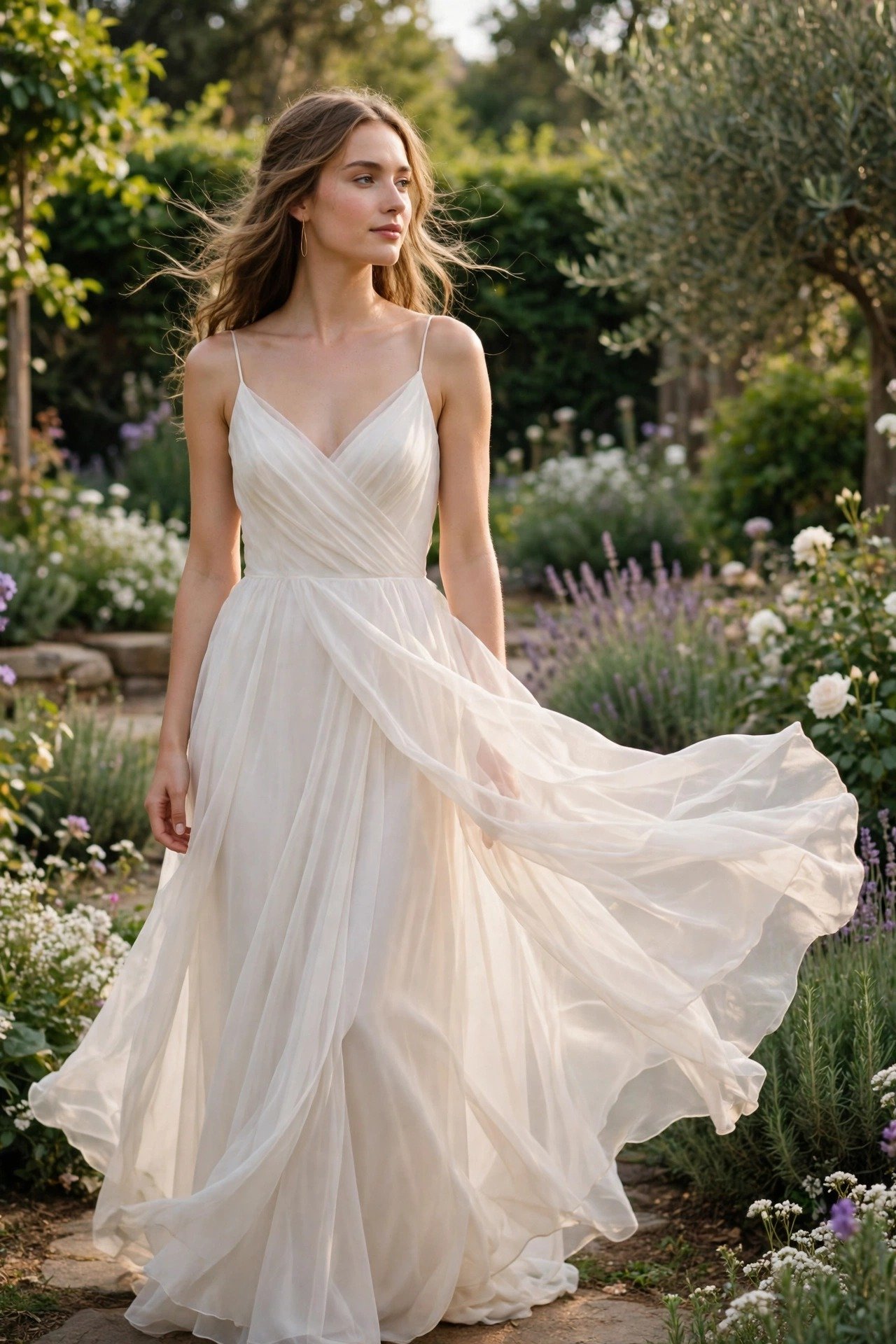 Bride in a lightweight chiffon sheath wedding dress flowing in a breeze