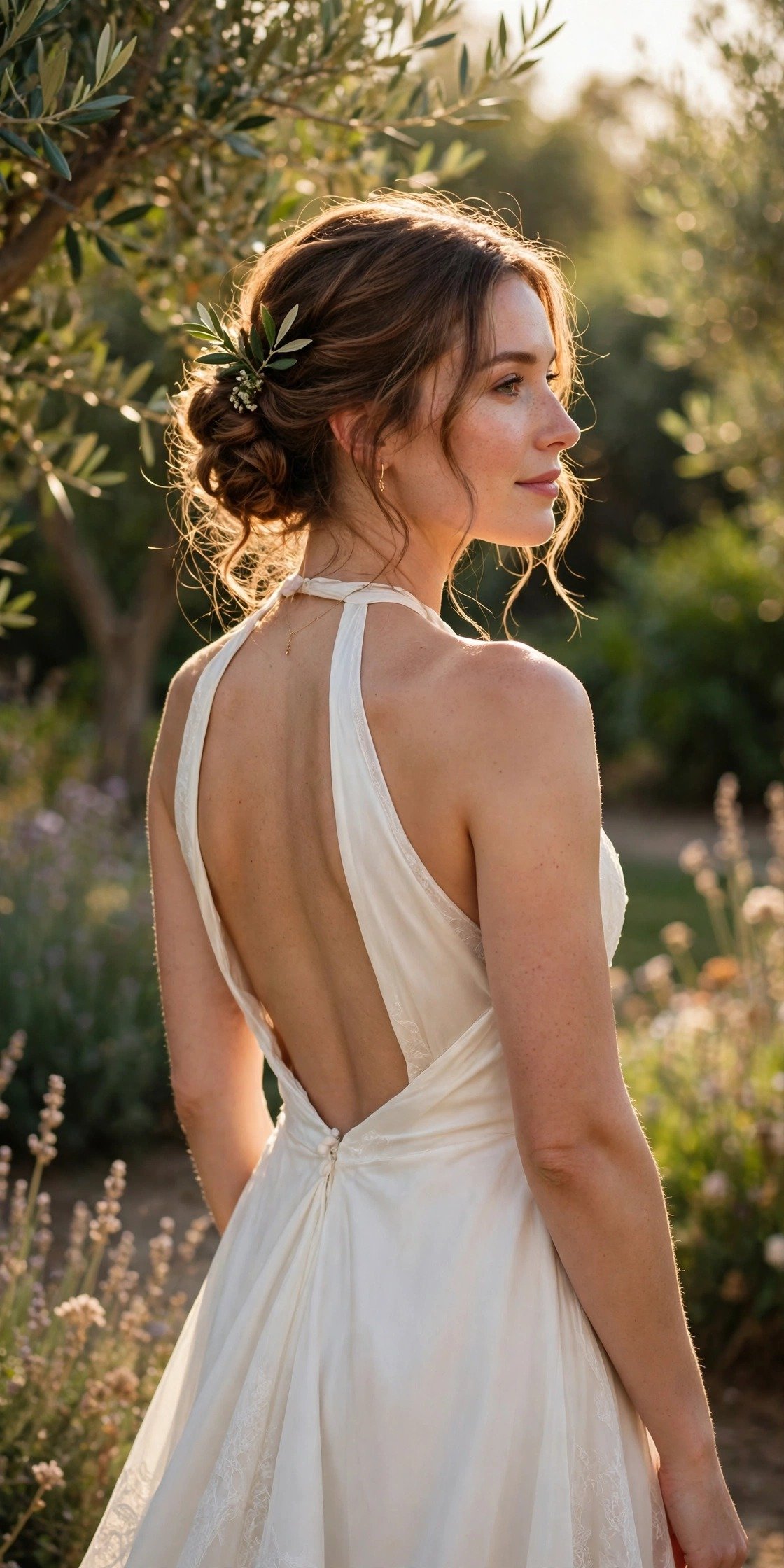 Bride in a halter-neck wedding gown with a low open back