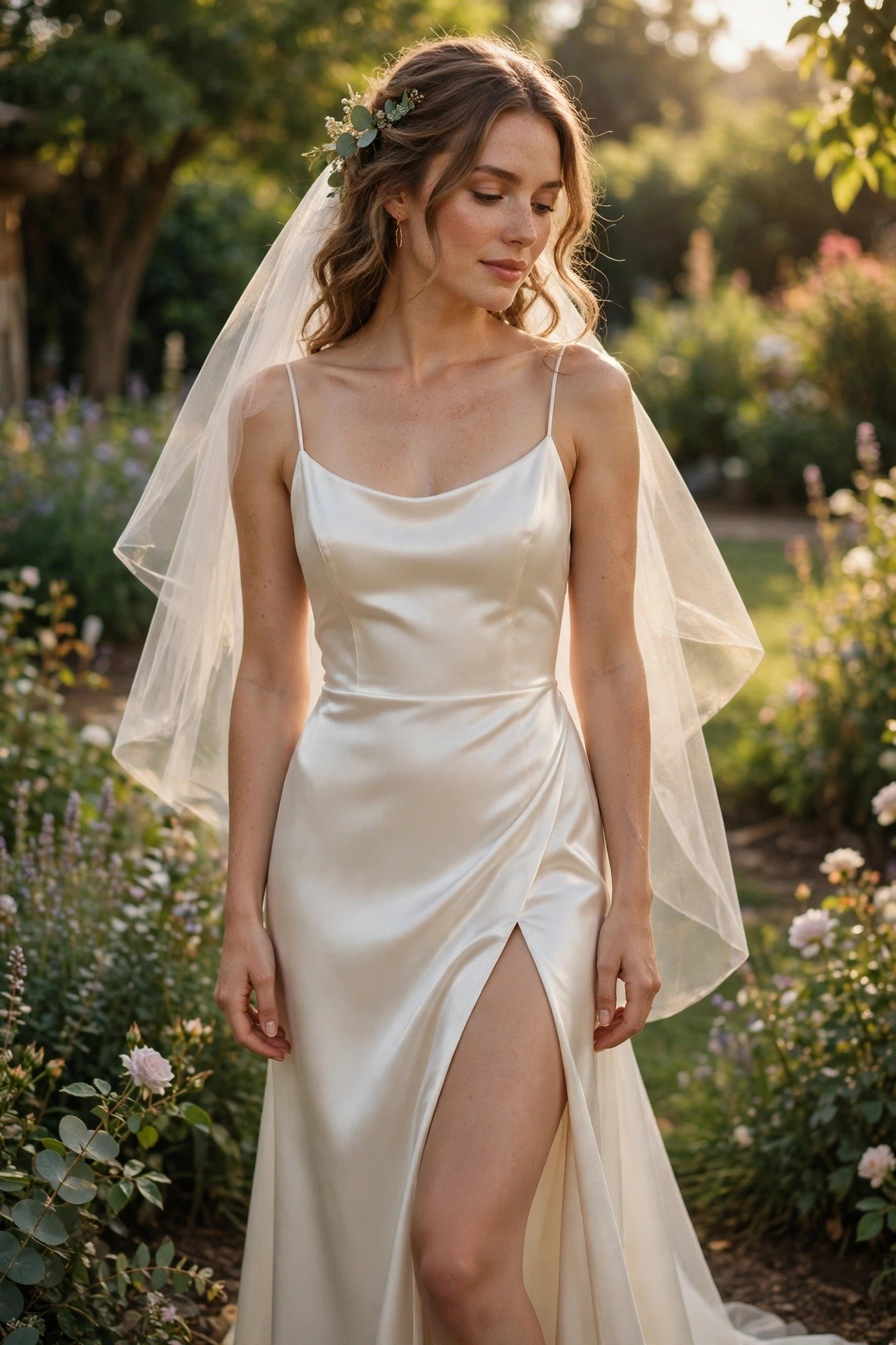 Bride in a satin slip wedding dress with a high leg slit