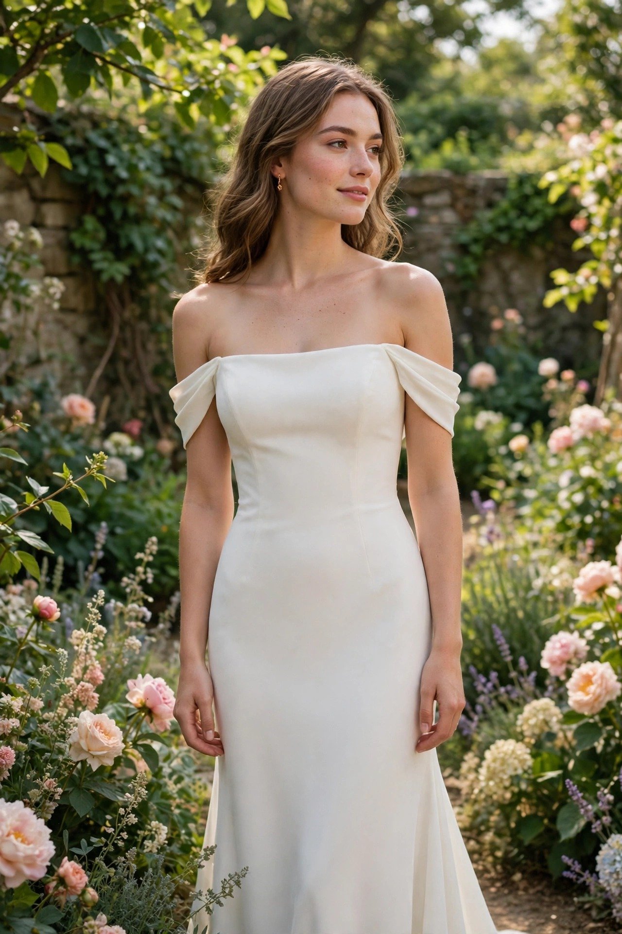 Bride in an off-the-shoulder stretch crepe wedding gown