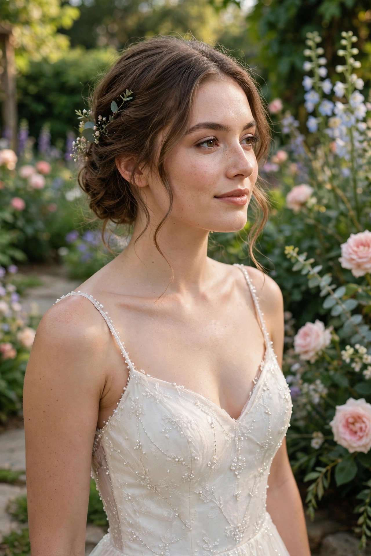 Bride in a spaghetti-strap wedding dress with delicate light beading