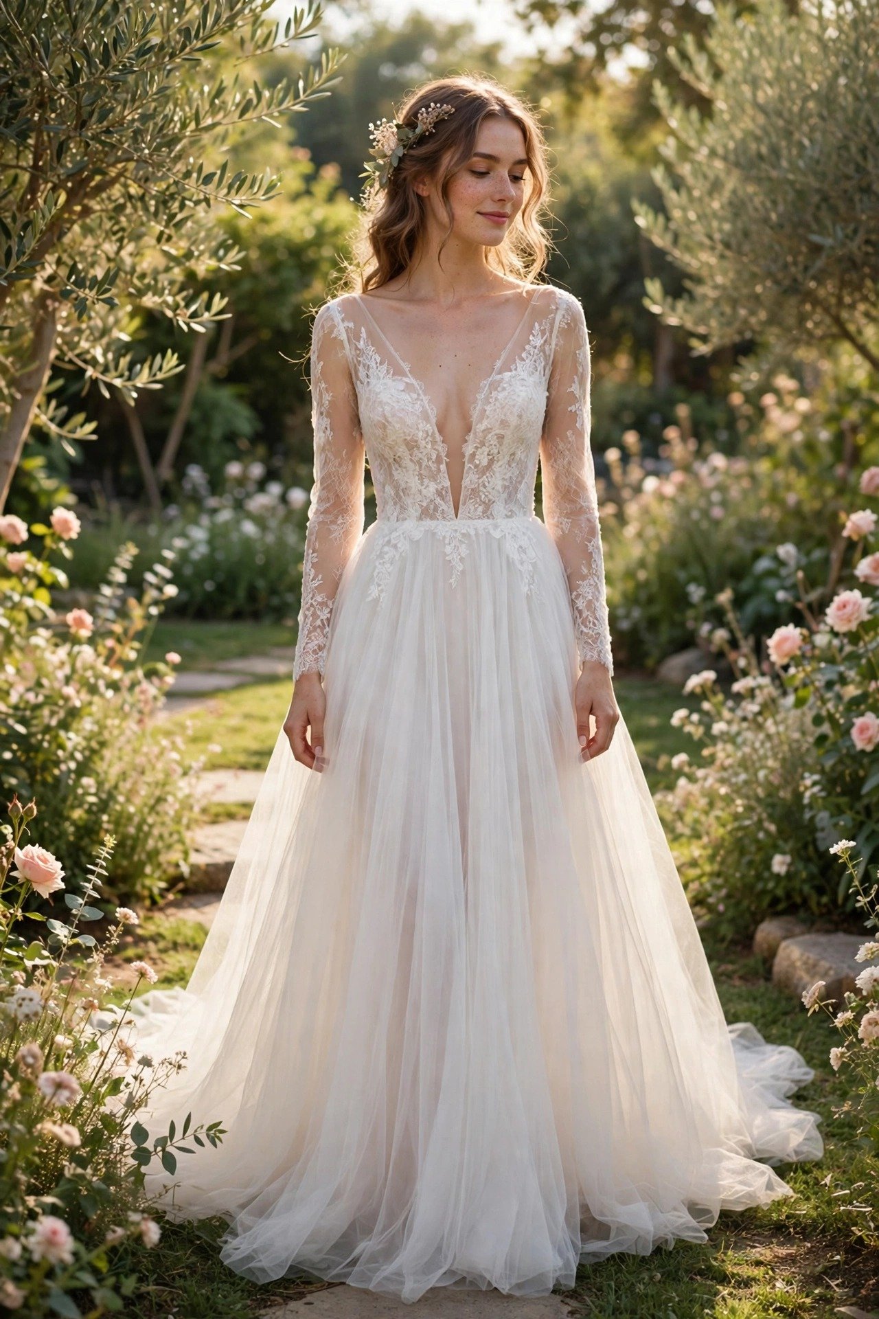 Bride in a wedding gown with an illusion plunge neckline and airy skirt