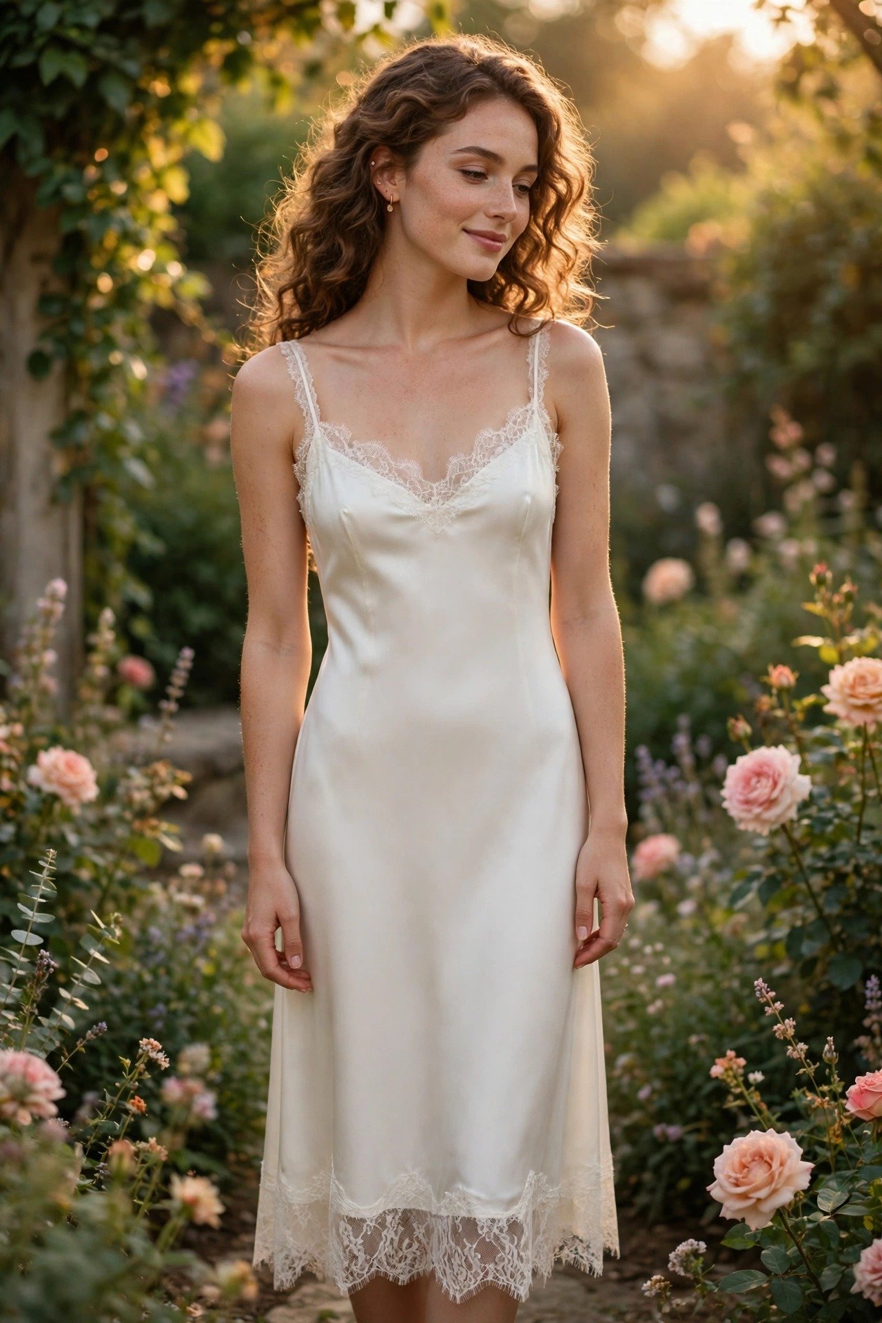 Bride in a midi-length slip wedding dress with lace trim details