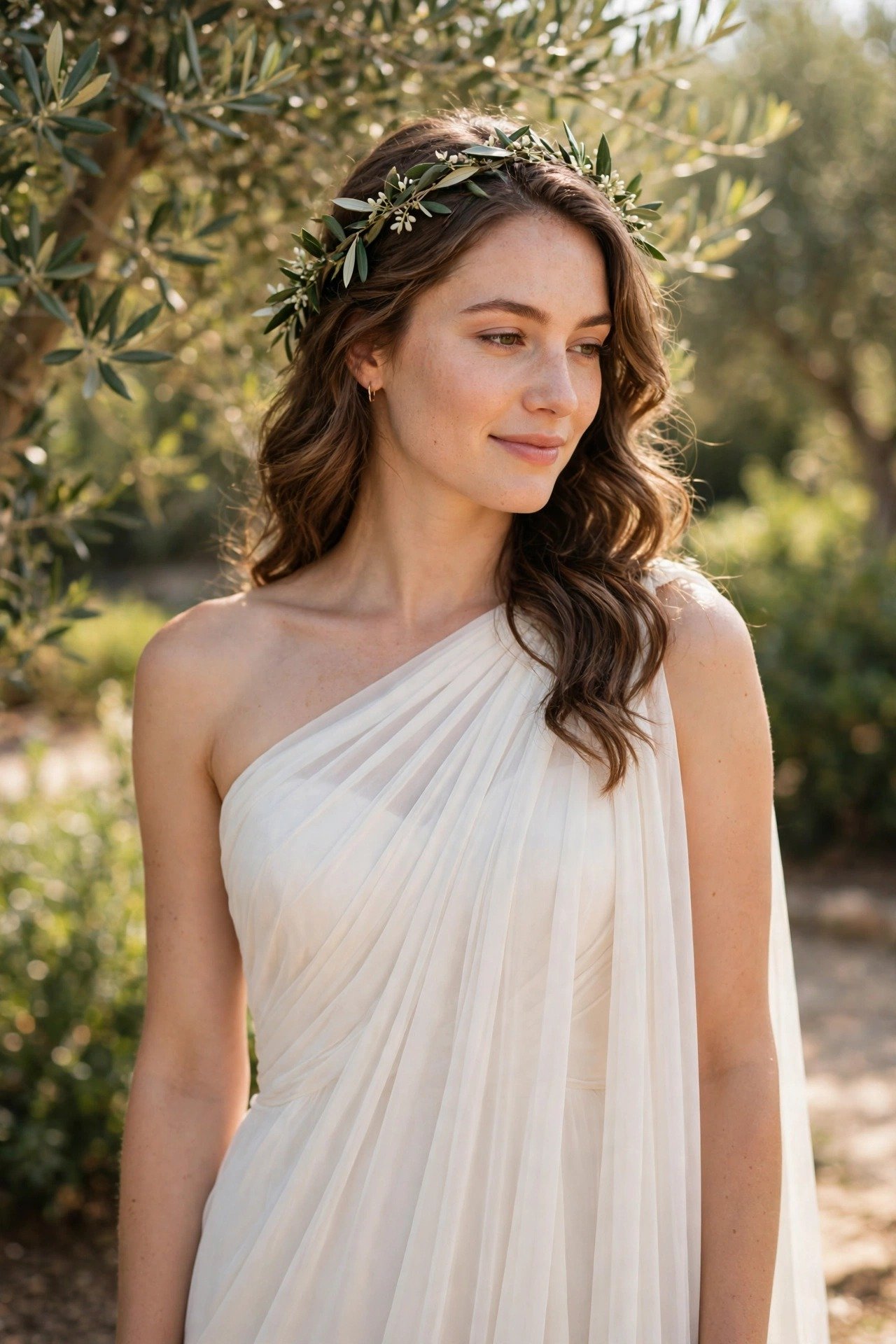 Bride in a one-shoulder Grecian chiffon wedding gown