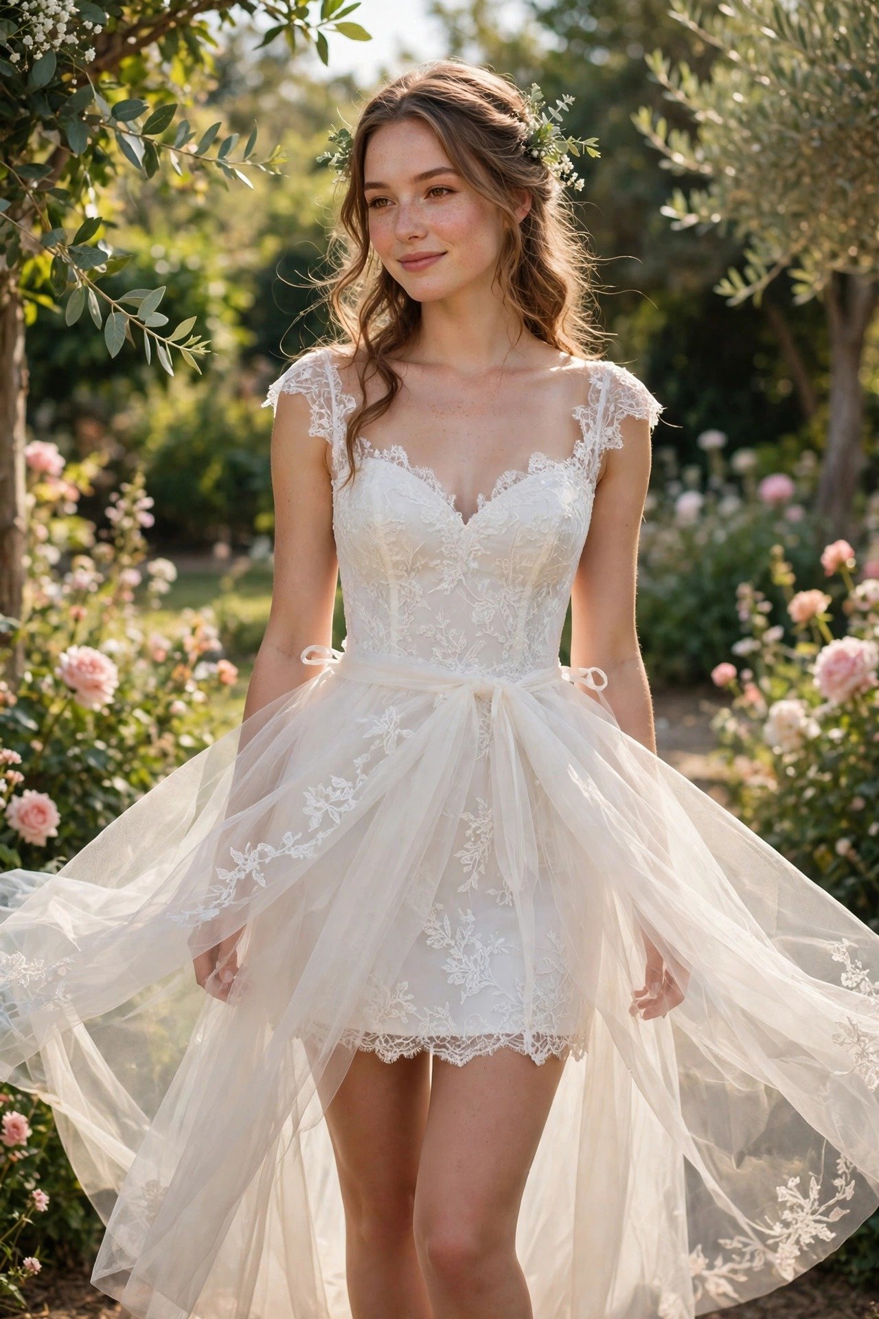 Bride in a mini wedding dress with a sheer detachable overskirt