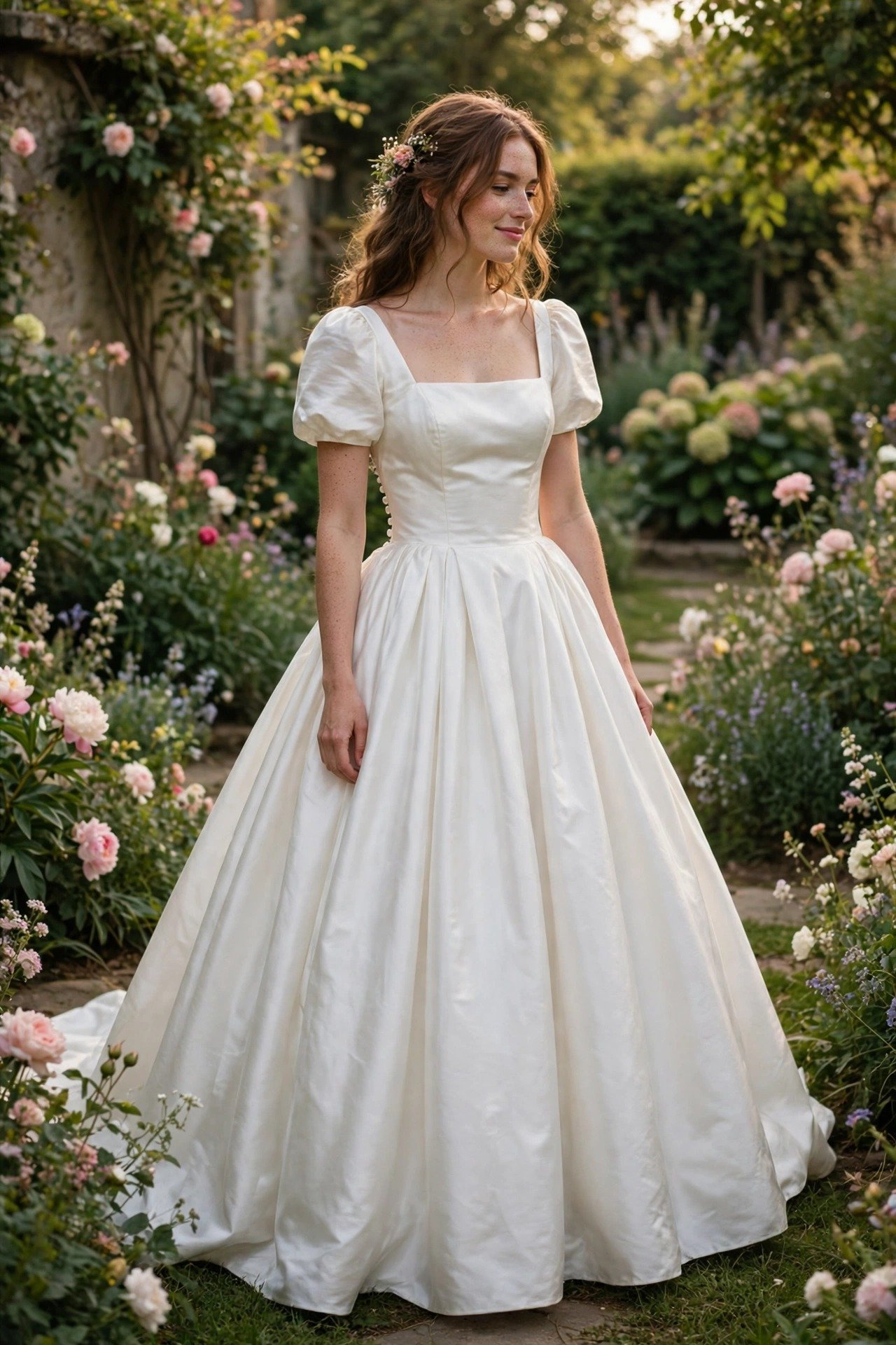 Bride in a square-neck cotton sateen wedding dress with a full skirt