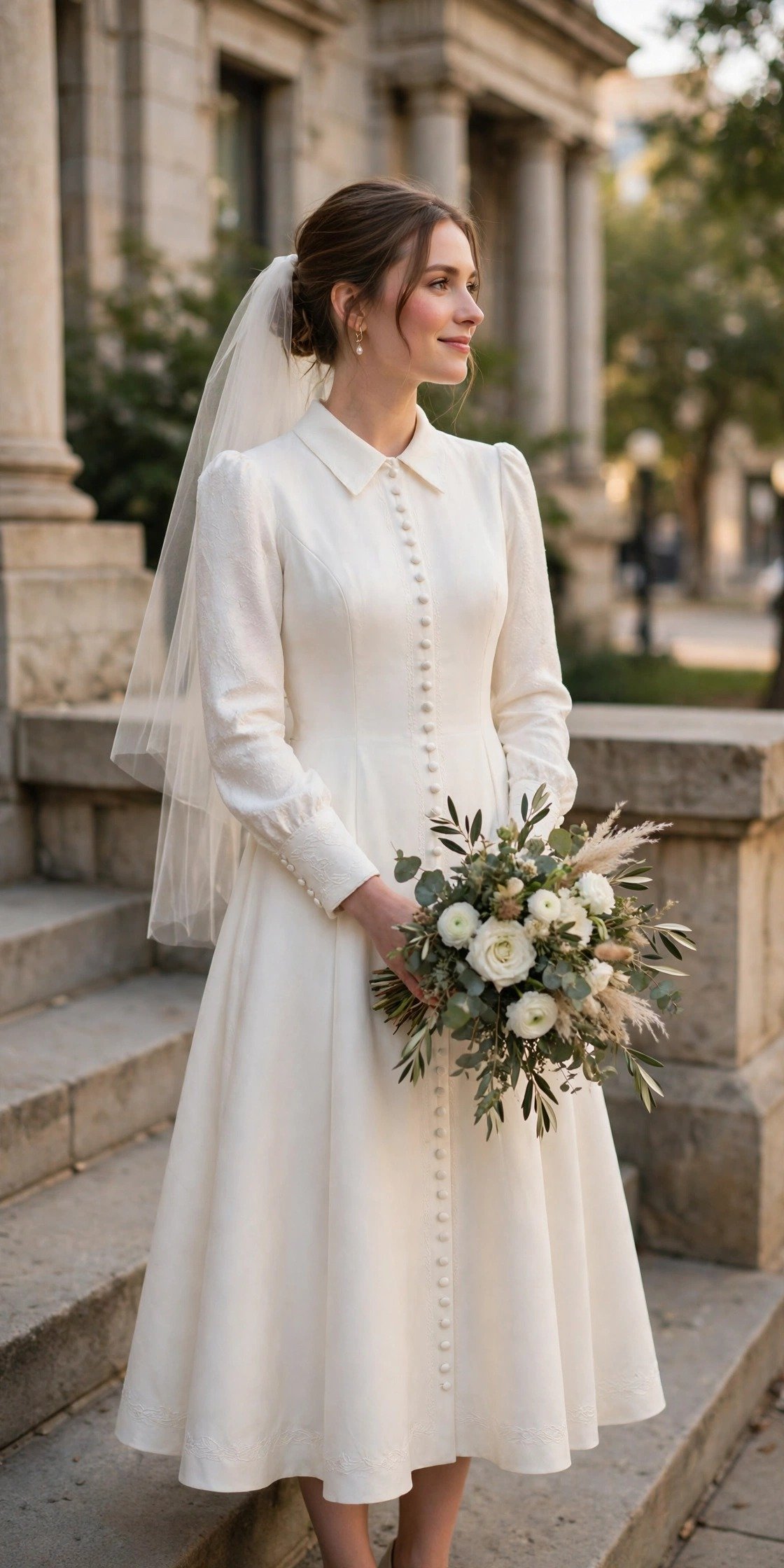 Bride in a tea-length A-line wedding dress with covered buttons