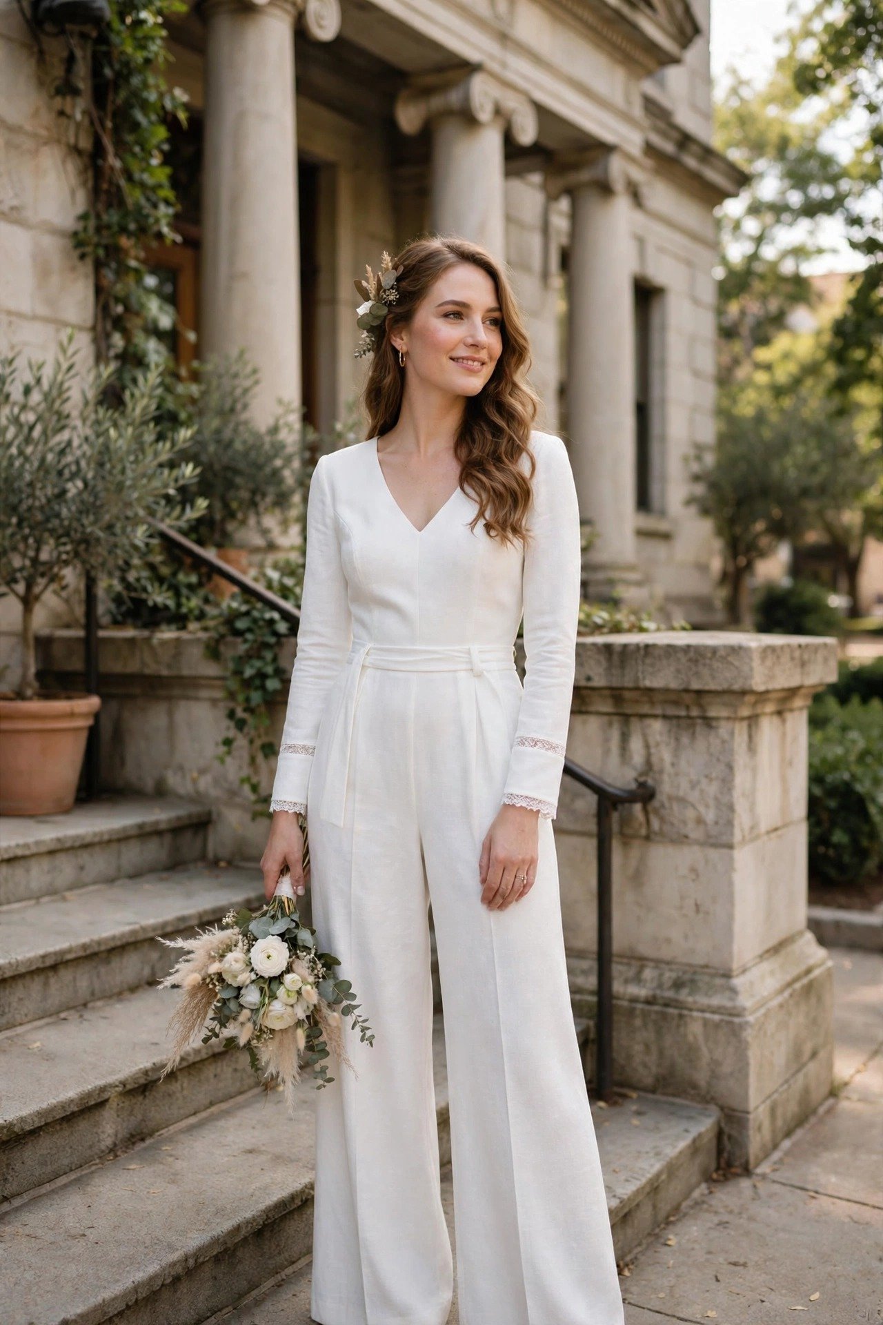 Bride in a white wide-leg bridal jumpsuit outside a courthouse