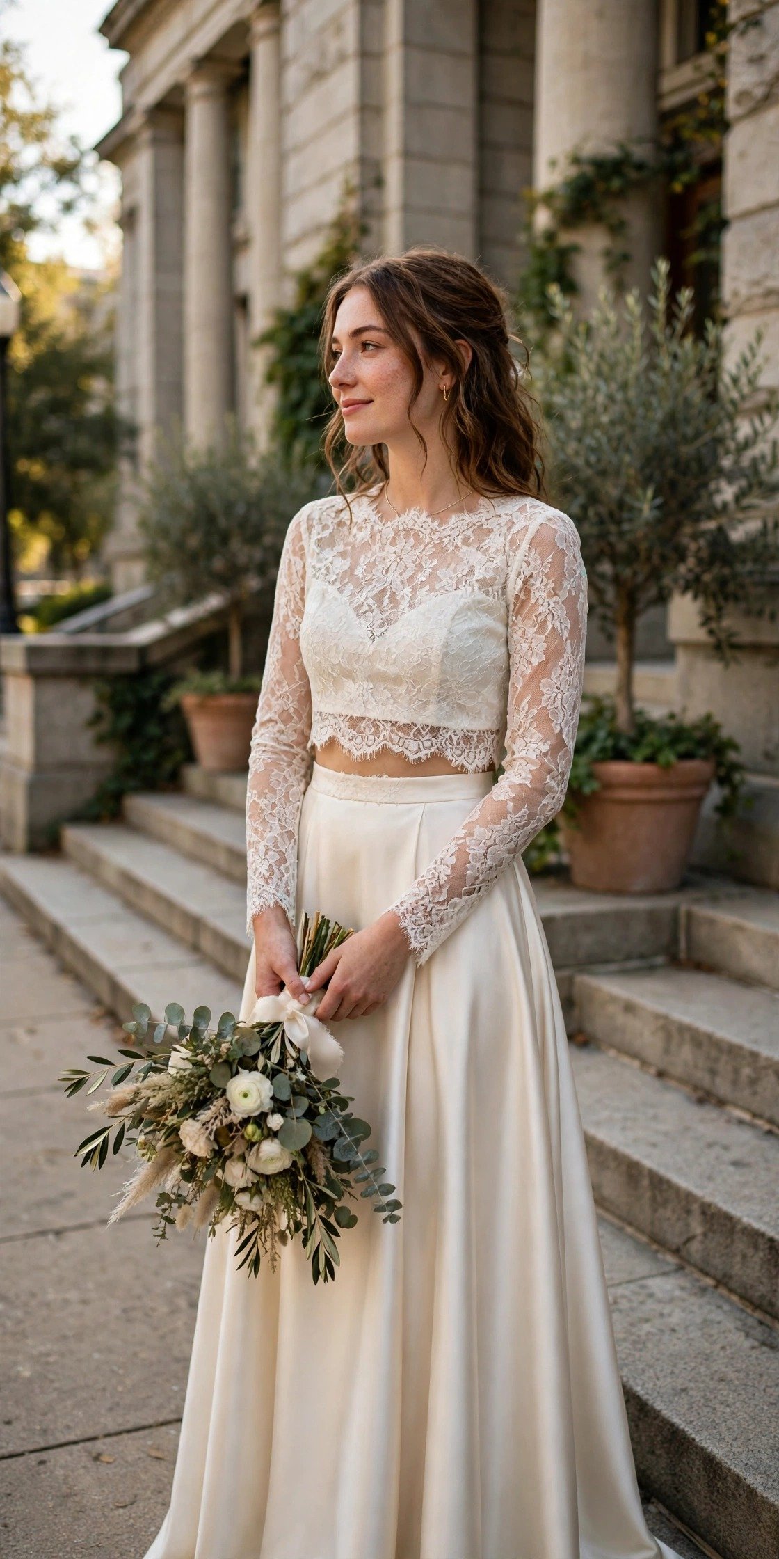 Bride in a two-piece wedding outfit with a lace top and satin skirt
