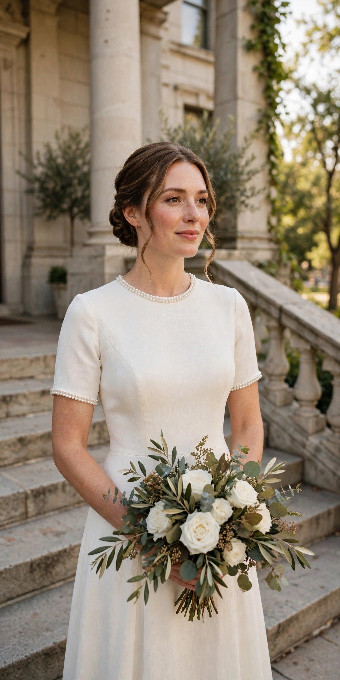 Bride in a crepe wedding dress with pearl trim at the neckline