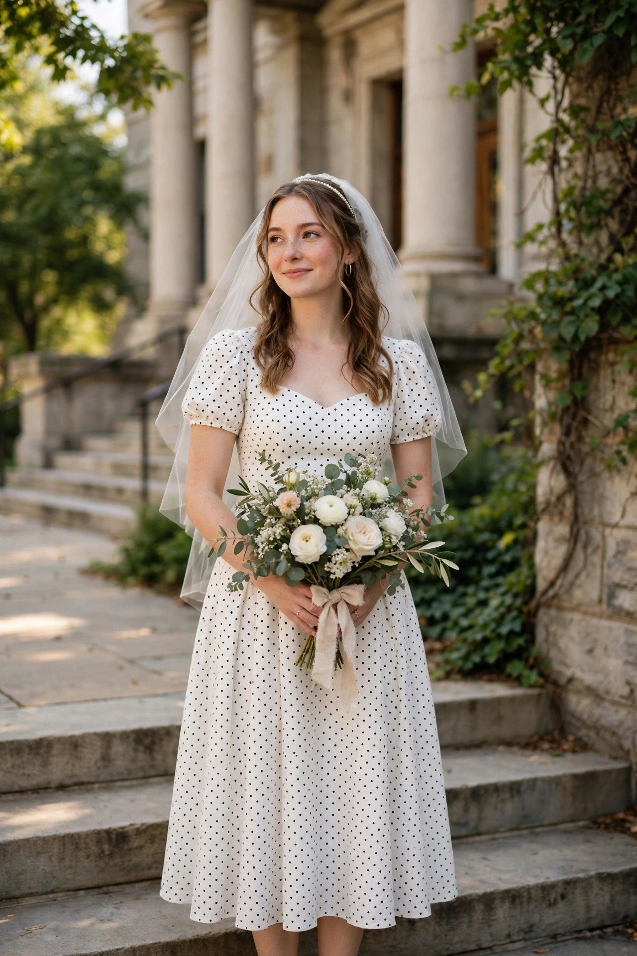 Bride in a white polka-dot tea-length wedding dress