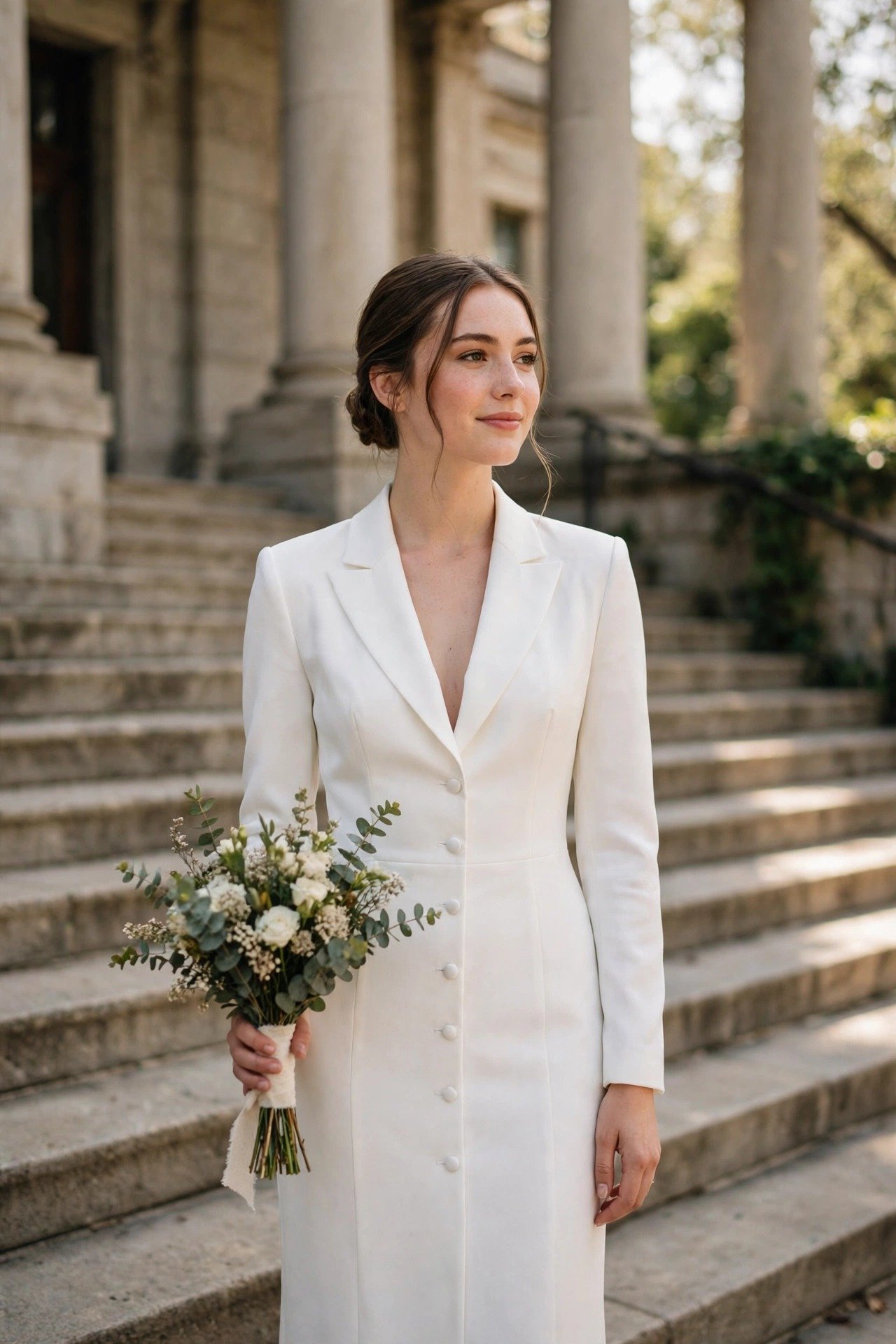 Bride in a chic tailored white dress standing on courthouse steps holding a small bouquet