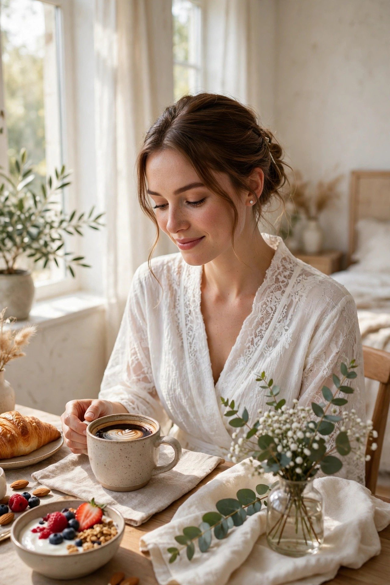 Bride enjoying a calm breakfast with coffee on the wedding morning