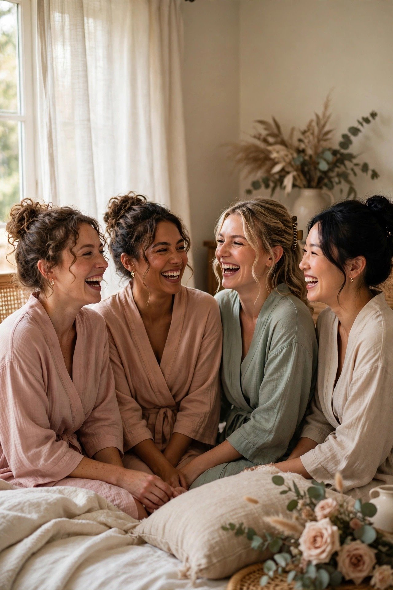 Bridesmaids in robes laughing together as they finish getting ready