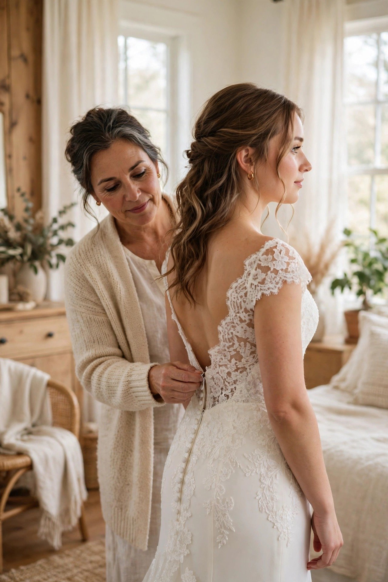 Mother helping the bride into her wedding dress