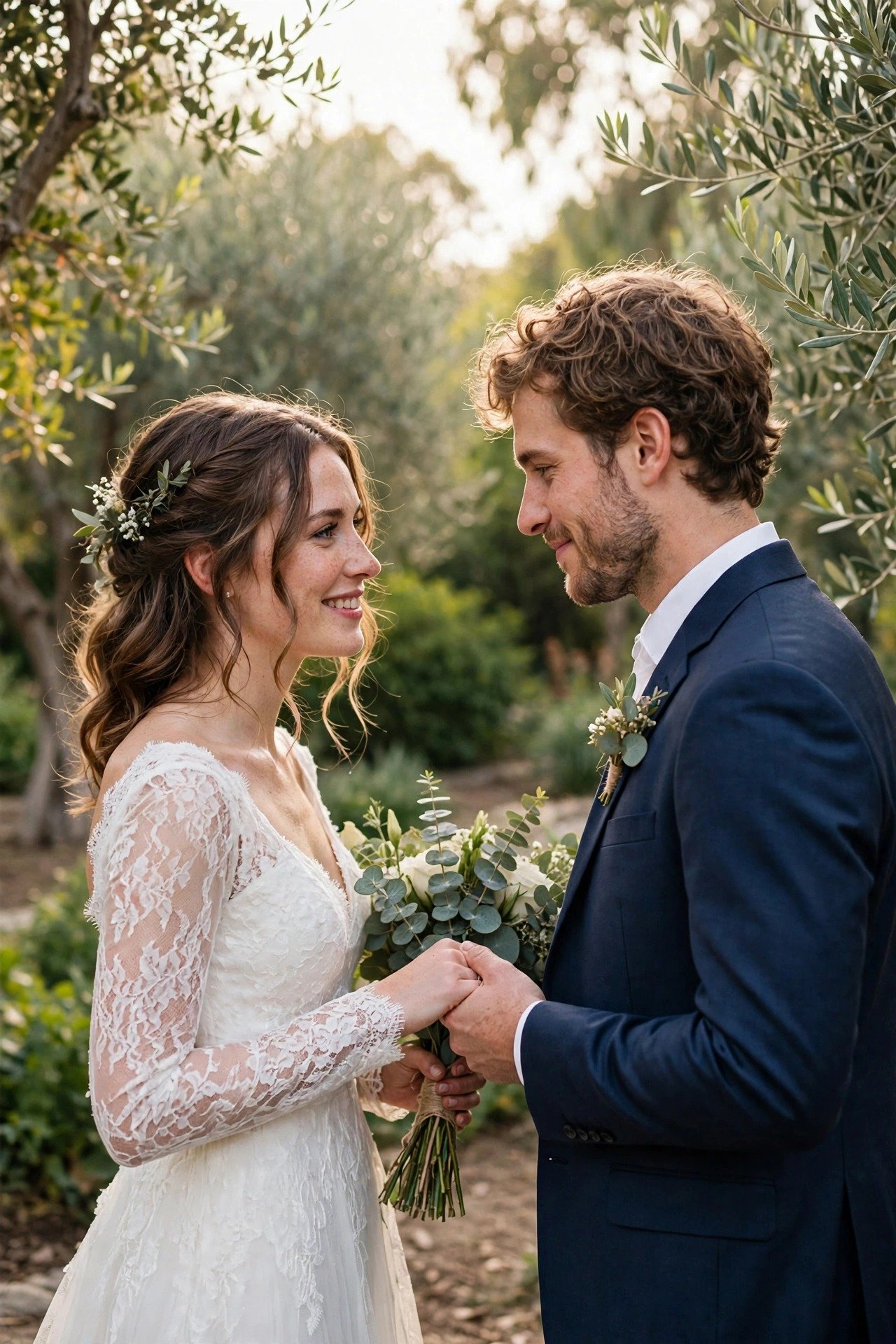 Couple sharing a private first look moment in soft light