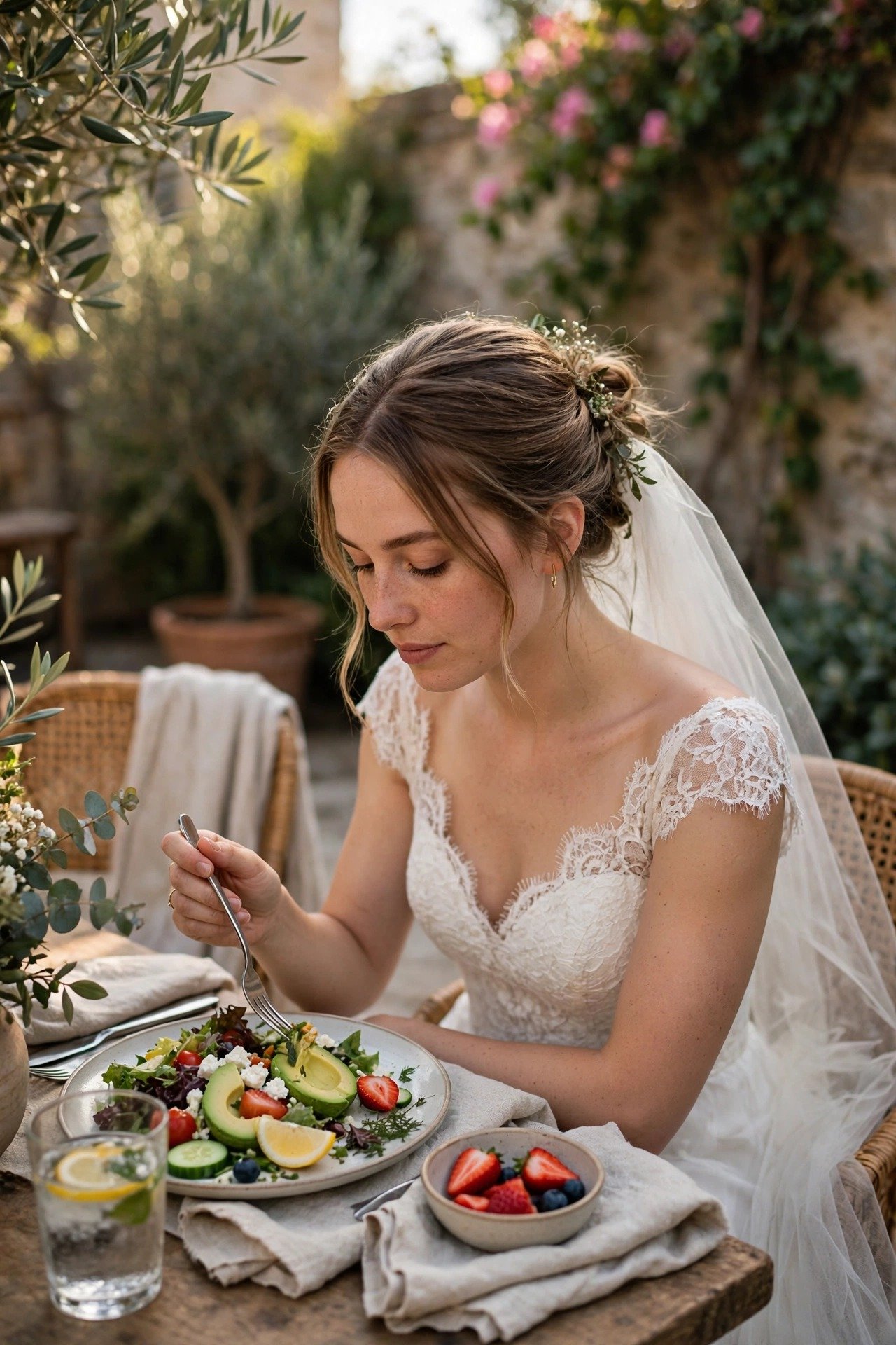Bride resting and eating a light lunch during a calm break in the day