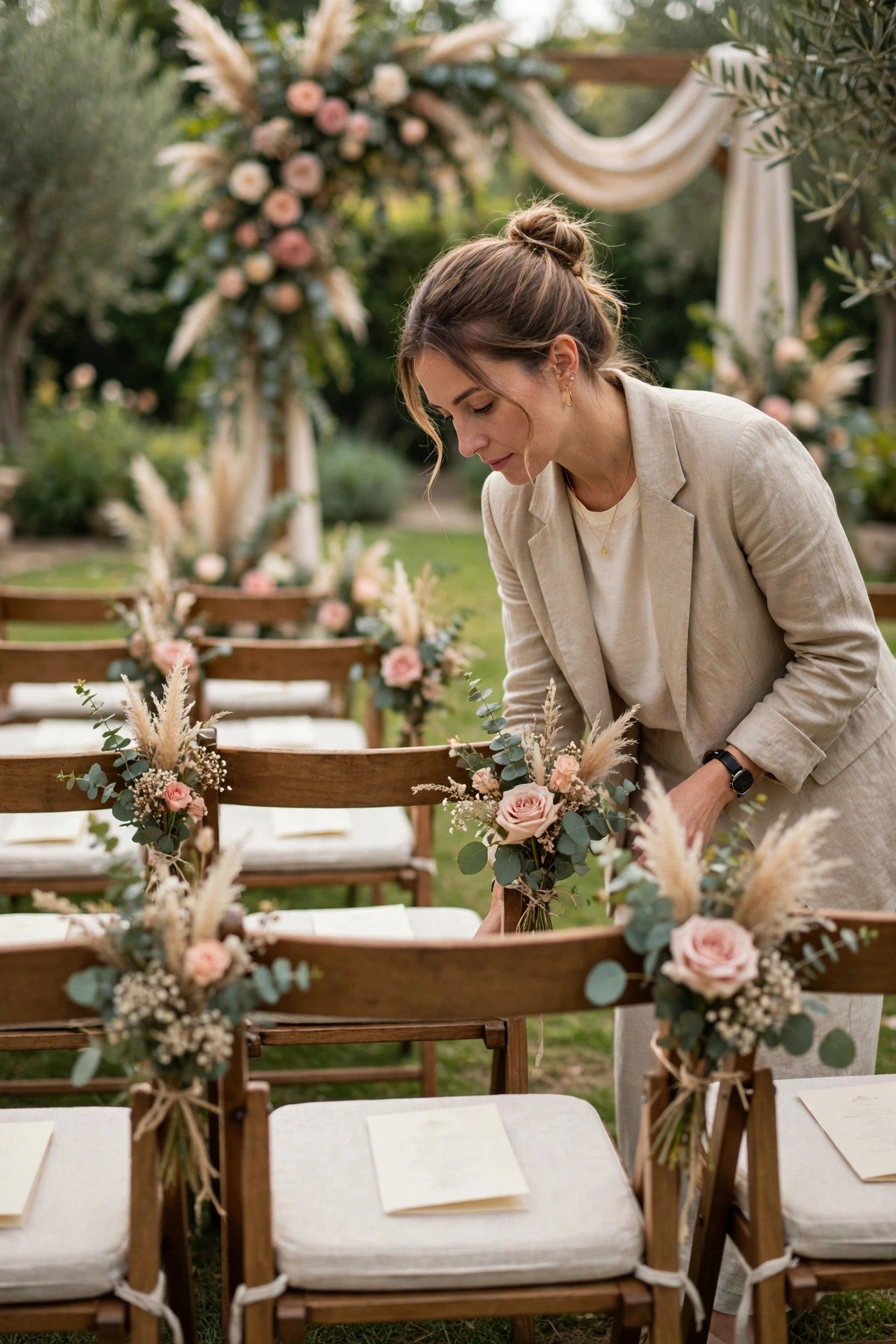 Planner checking ceremony chairs, flowers, and programs before guests arrive