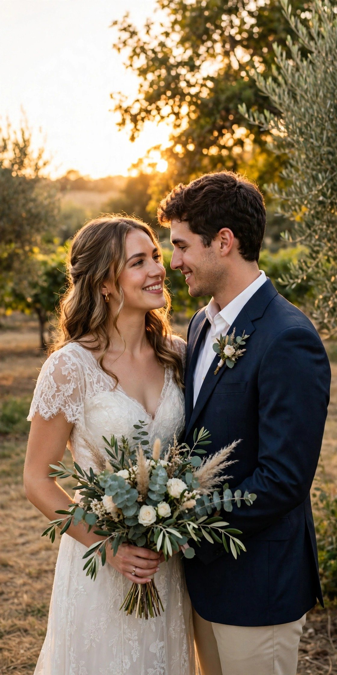 Couple taking golden hour portraits together after the ceremony