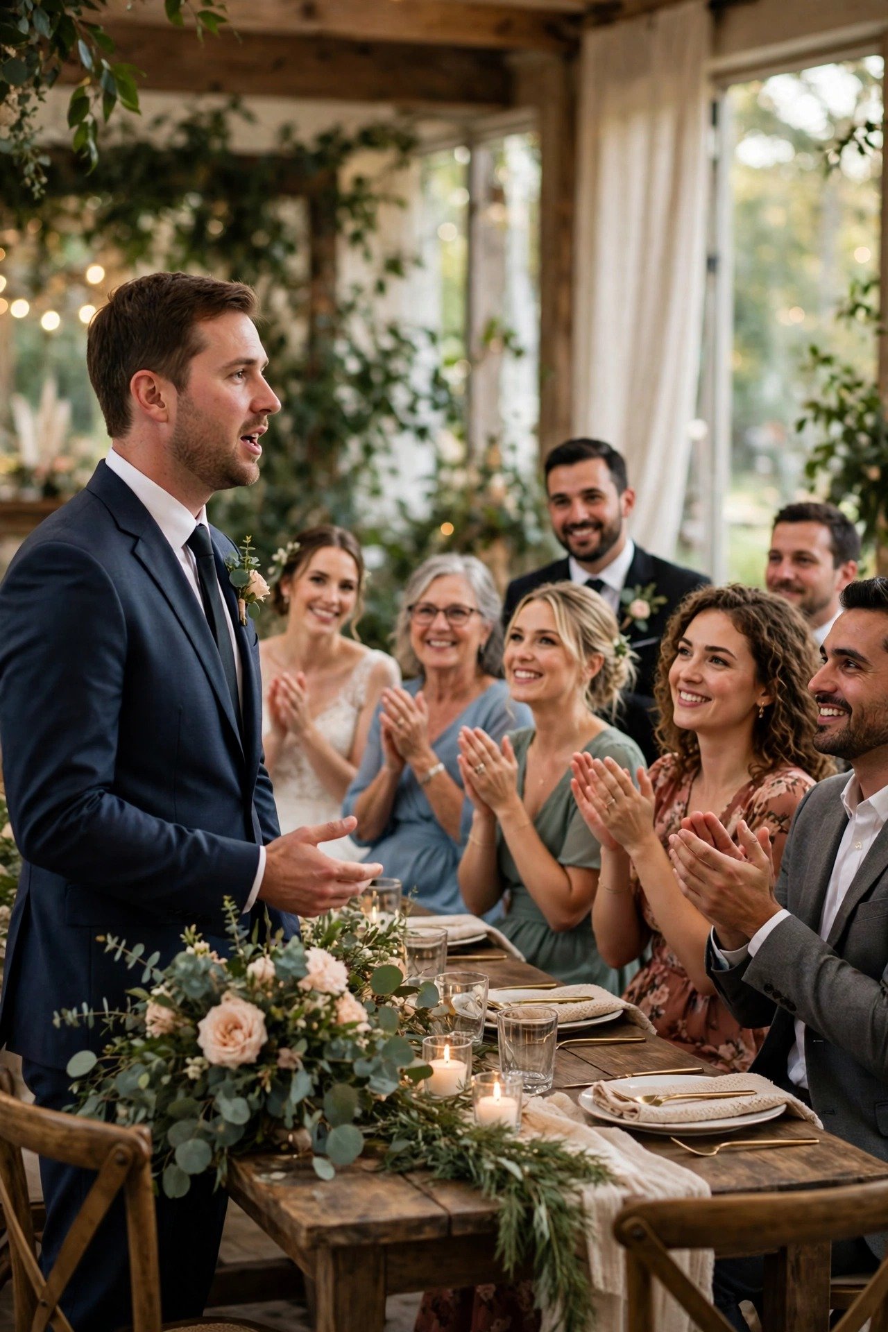 Best man giving a toast during the wedding reception dinner
