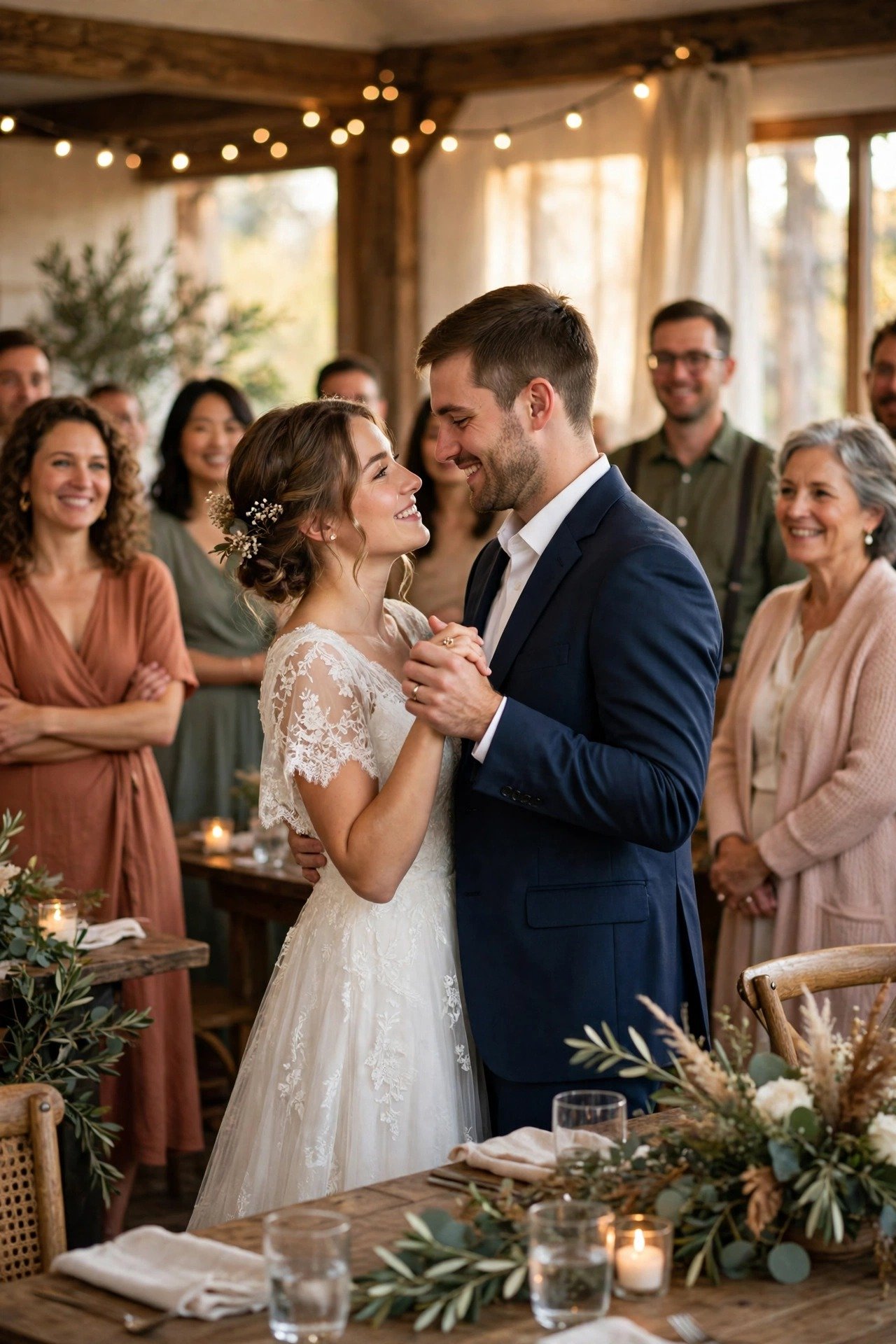 Couple sharing their first dance as guests watch