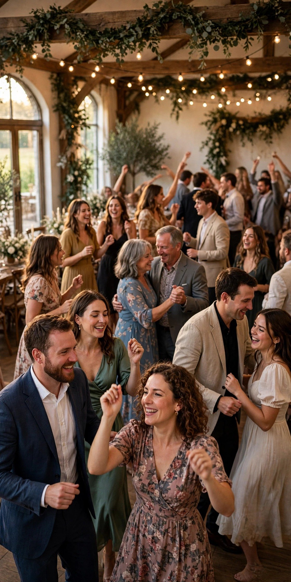 Guests dancing together on a full dance floor at the reception
