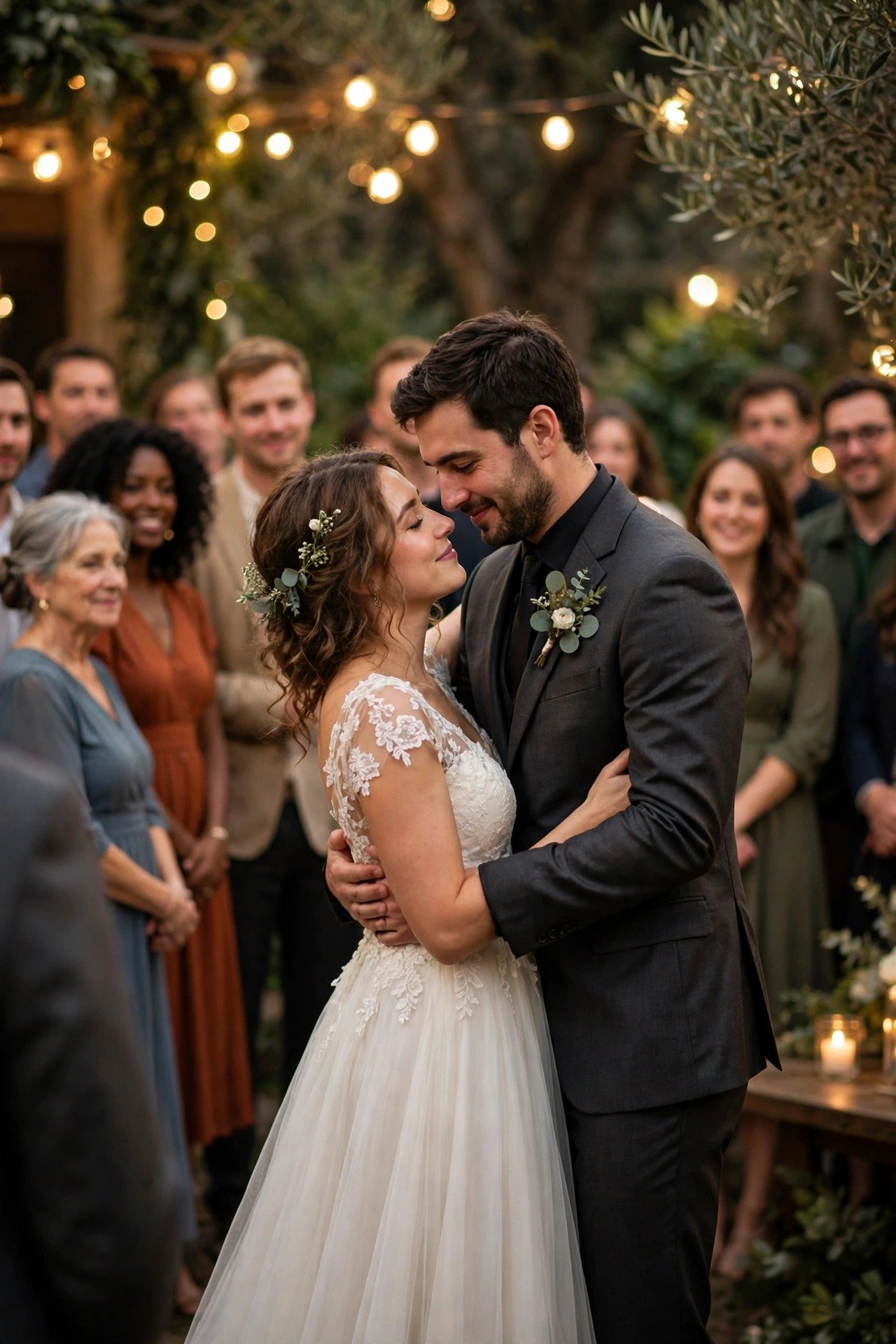 Couple sharing the last dance of the night surrounded by guests