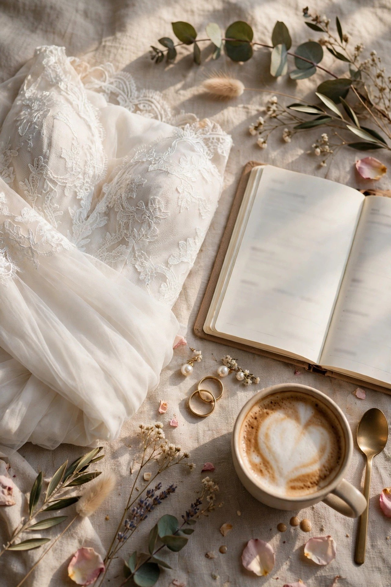 Wedding planner's timeline notebook open beside a dress, rings, and a cup of coffee on the wedding morning