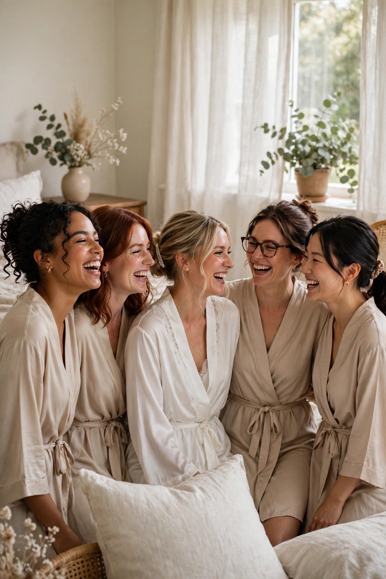 Wedding party in matching robes laughing together on the wedding morning