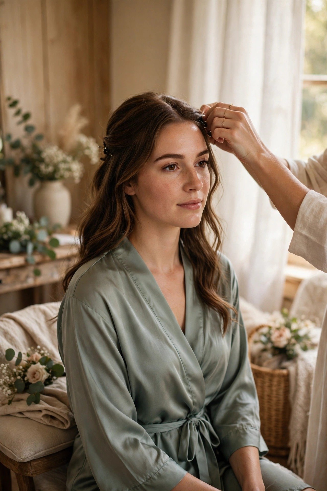 Bridesmaid having her hair styled on the wedding morning