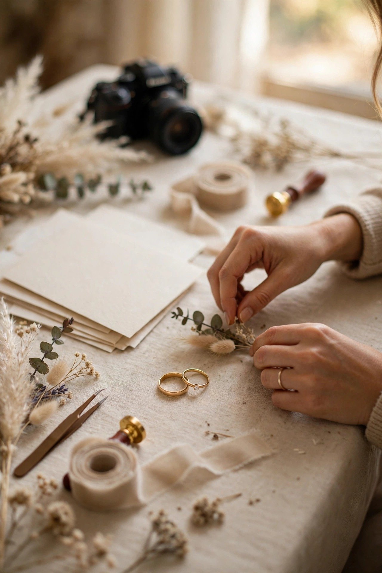 Photographer styling wedding details including rings and invitations