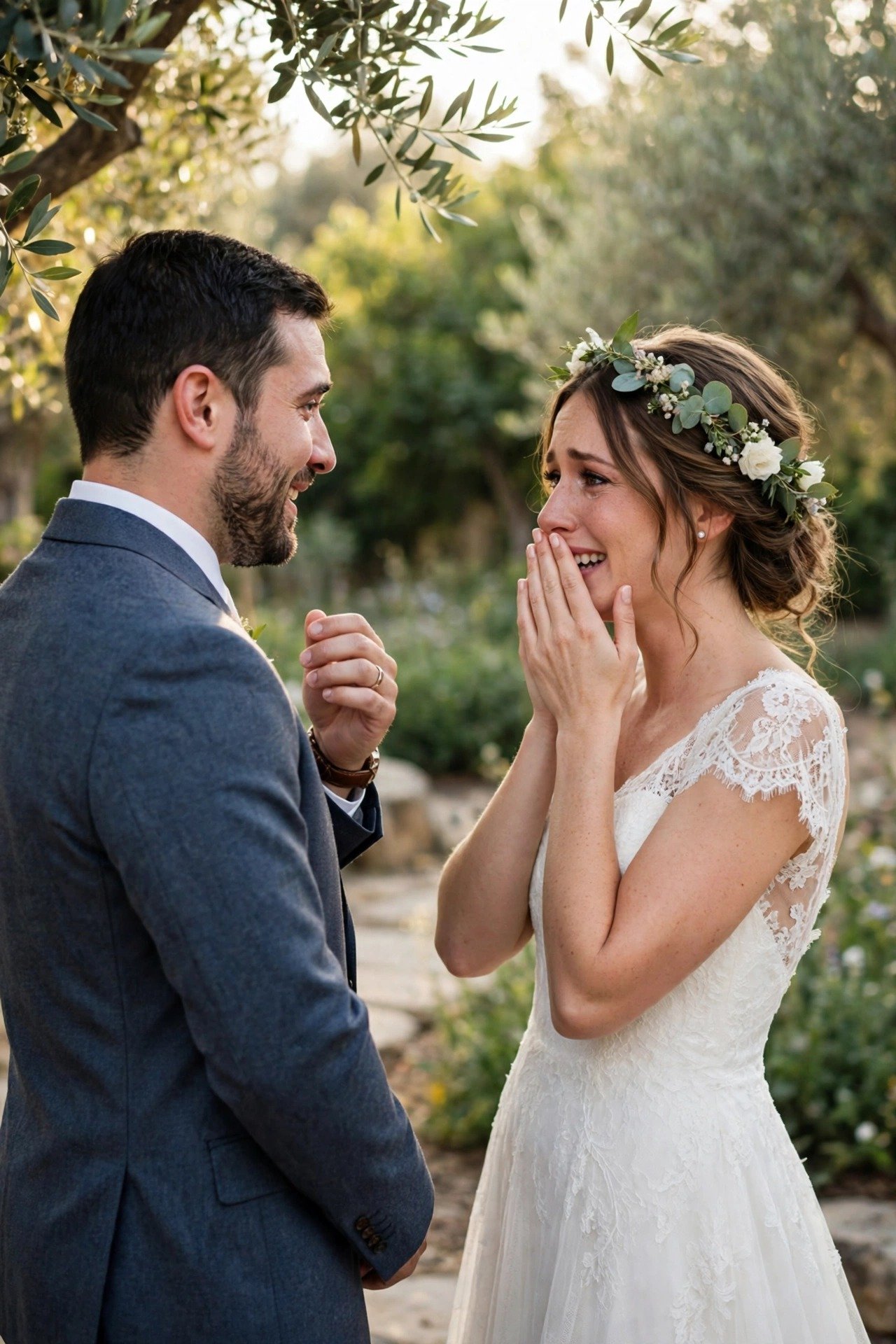 Couple seeing each other for the first time on the wedding day